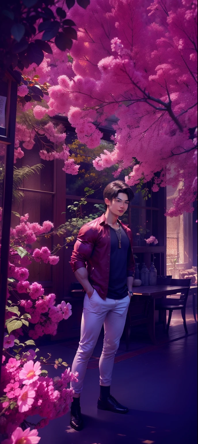 Best quality, super high resolution, (Realistic:1.4), masterpiece, blurred background , muscles, solo, 1 boy, young man , standing, white skin, wearing shirt, posing, facial focus, smile, shut up, and my original face