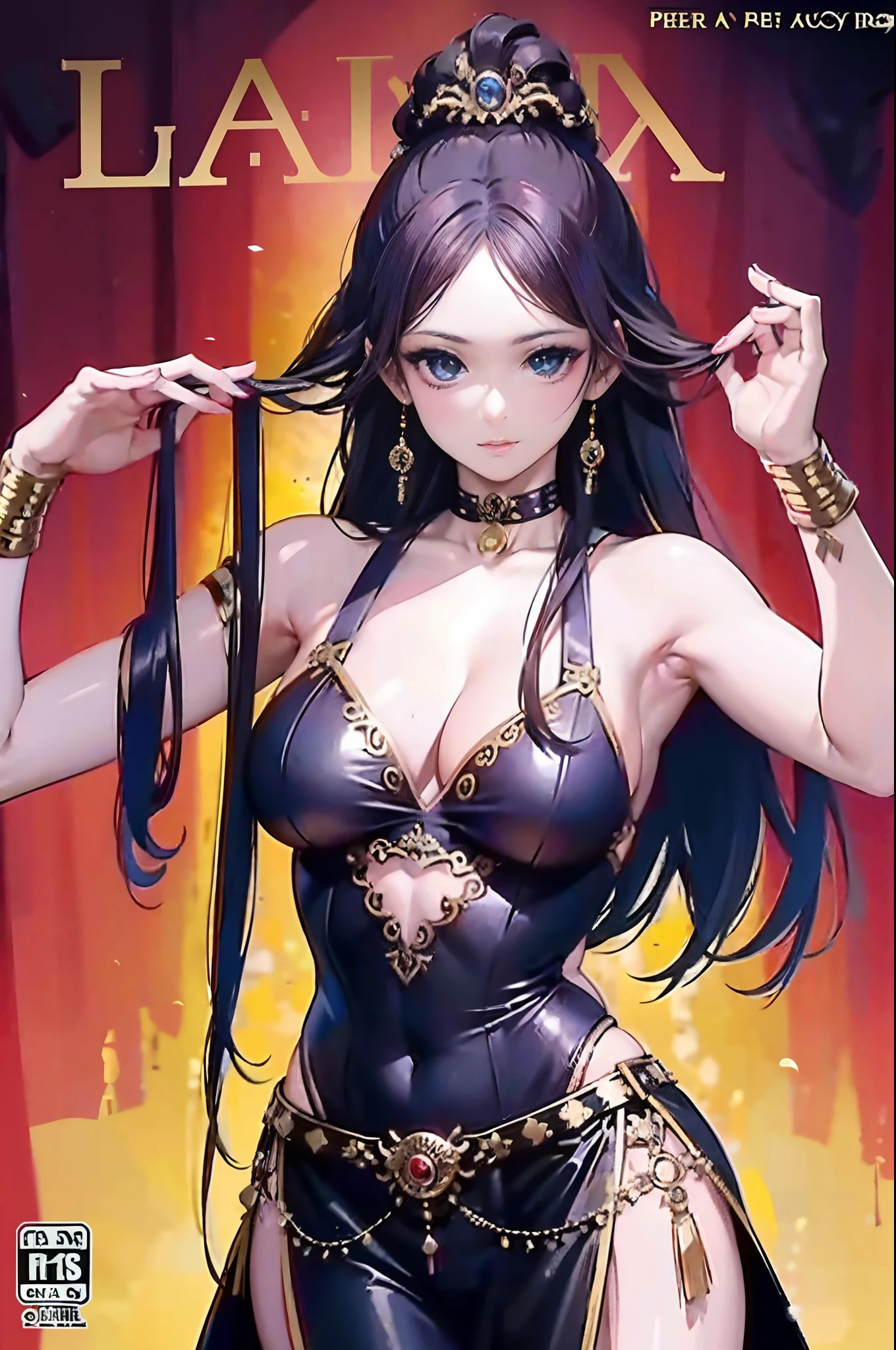 Una mujer vestida como Xena, The warrior princess and with a strange style of hair and makeup, Pose for the cover of a rock metal album. (La mejor calidad) obra maestra (pechos grandes) ((cabello rubio)) (cuerpo delgado)
