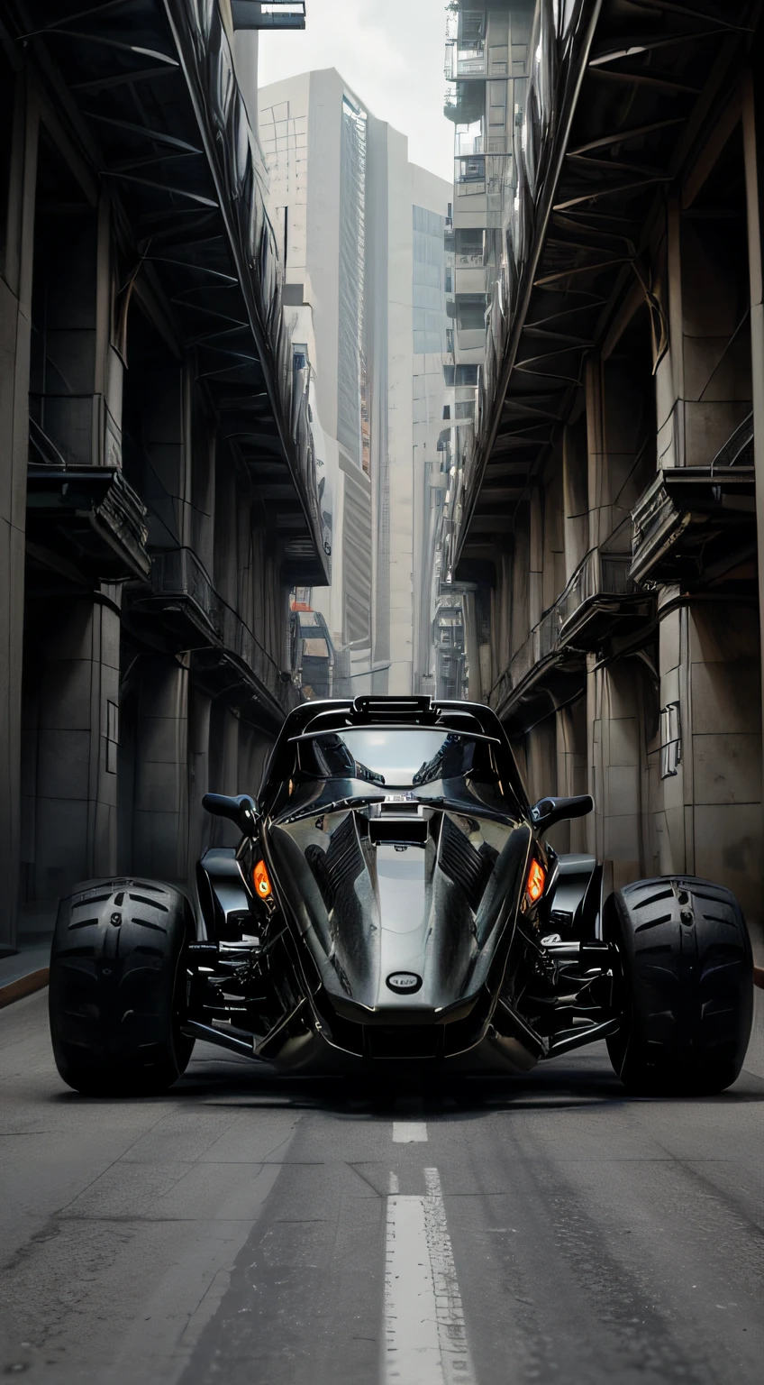 a 3/4 front view of ((futuristic cyberpunk hotrod motorcycle)) (with glowing tires), at the parking lot,