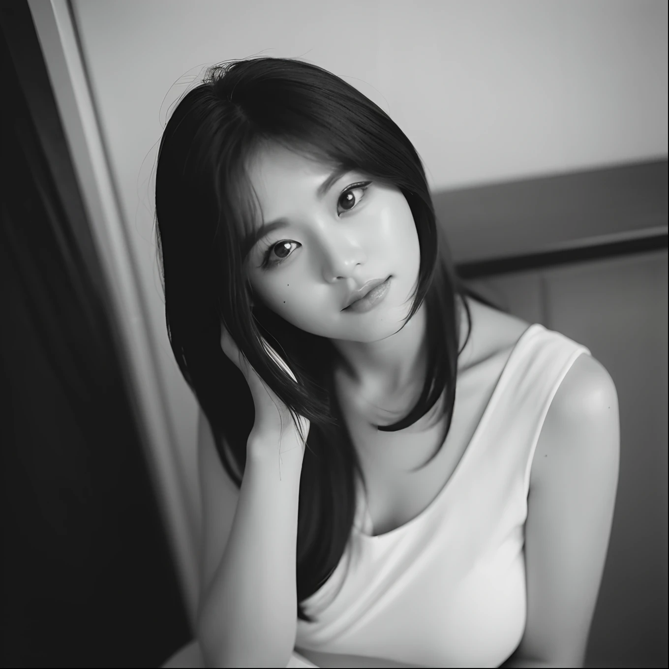 Photo of a Beautiful Korean kpop idol Woman, Summer, Lustful, Film grain, Ilford HP5, 80mm