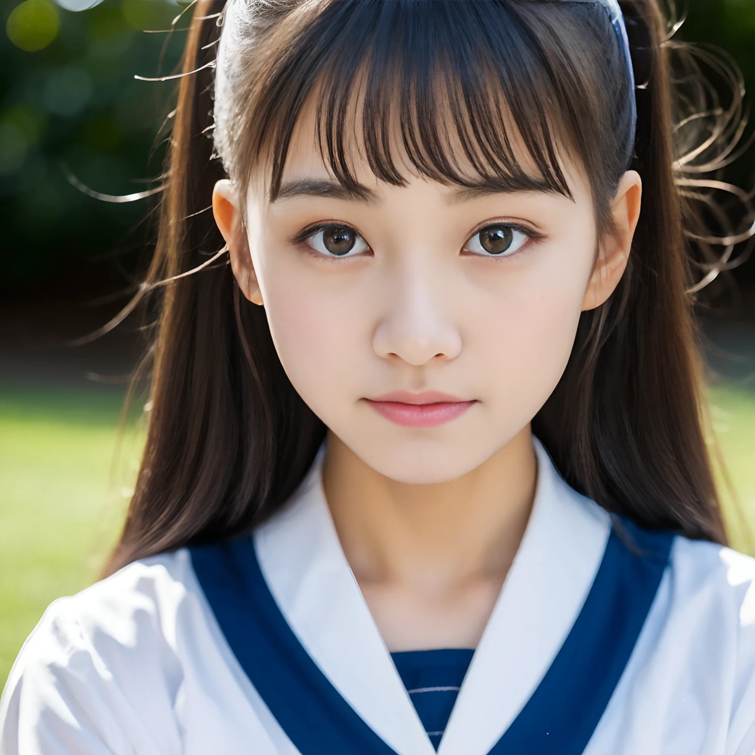 Lens 135mm f1.8, (Best Quality),(Raw photo), (masutepiece:1.1), (Beautiful 14 year old Japan girl), cute  face, Dappled sunlight, Dramatic Lighting, (Japan school uniform), (in a school), full of shyness、Twin-tailed, (close up shot of a face:1.2),  (Sparkling eyes)、(sunlights),