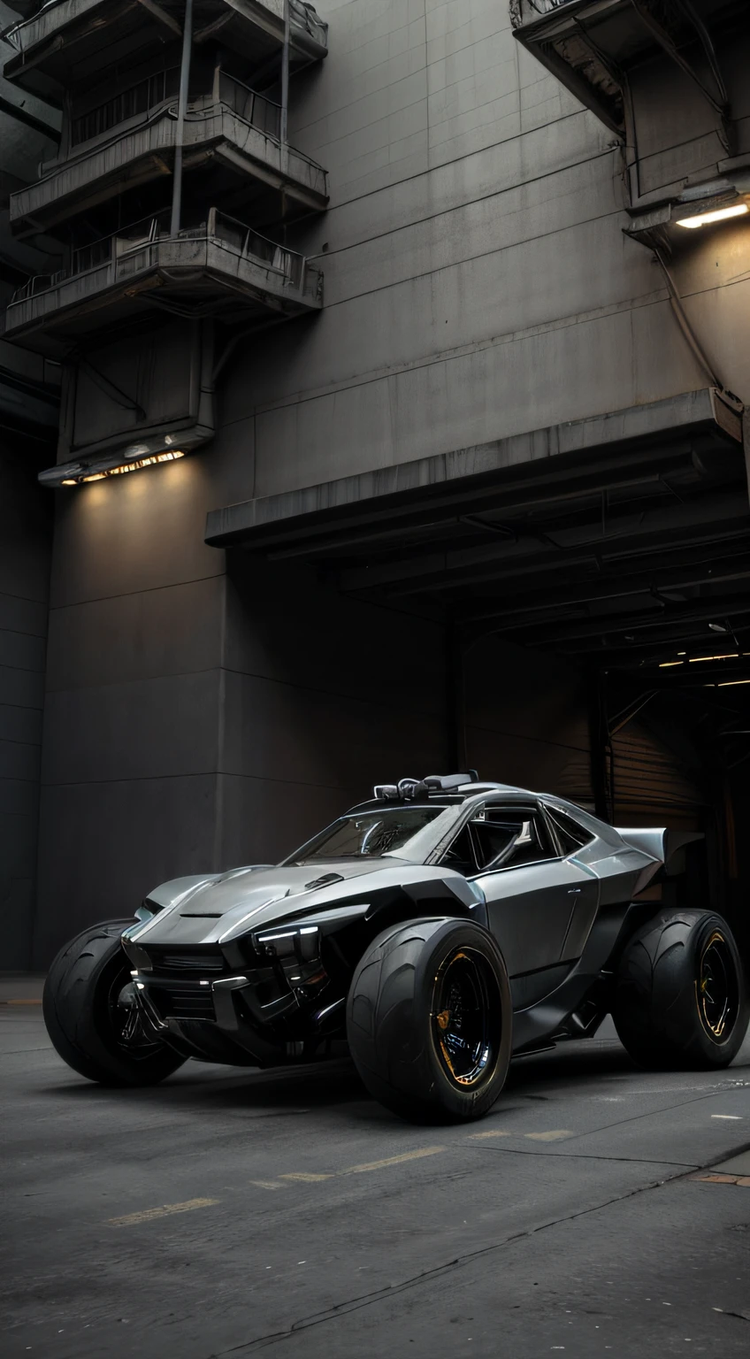 a 3/4 front view of ((futuristic cyberpunk hotrod motorcycle)) (with glowing tires), at the parking lot,