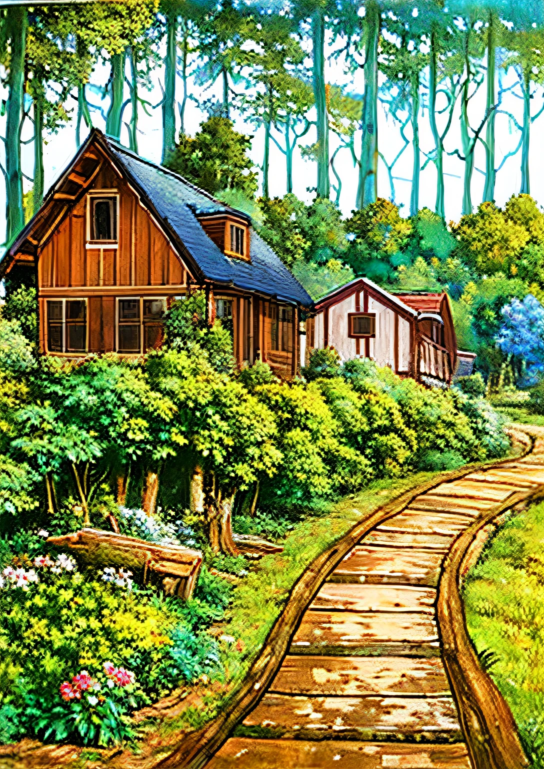 painting of a house in a field with a wooden path, house in the wood, cottage in the woods, cottage in the forest, idyllic cottage, beautiful house on a forest path, the house in the forest, solitary cottage in the woods, pen and ink painting, by Phyllis Bone, added detail, the small house in the forest, house in forest