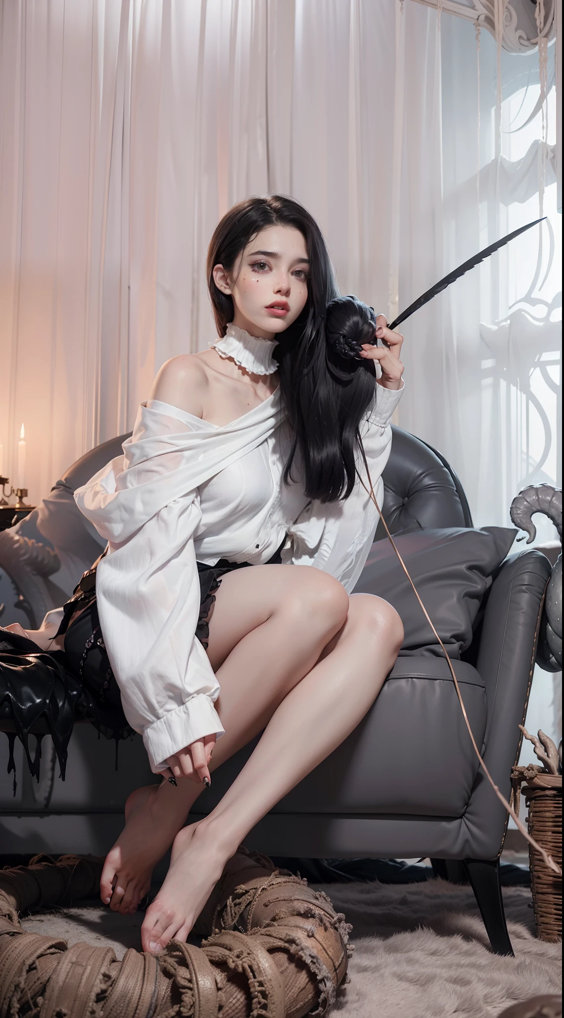 Dracula pays tribute to realistic, half-body professional photos, dark fantasy, highly detailed scary vampire woman Dracula, long black hair, sex look, big breast, wearing a white bloody coat and a high-necked ruffle shirt, sitting on a bone chair with sharp corners, blood-covered marble floor, intricate details and sharpness, ((incredibly detailed face, incredibly detailed skin, incredibly detailed eyes)), ((detailed facial features)), (covered by a skull), (lying on his back in a skull pit), (Depth of field: 0.8), ((Sharp focus: 1.4)), Epic ambient light, very dark lighting, extremely detailed eyes and face, detailed background, 8K resolution, Film, (Bram Stoker)