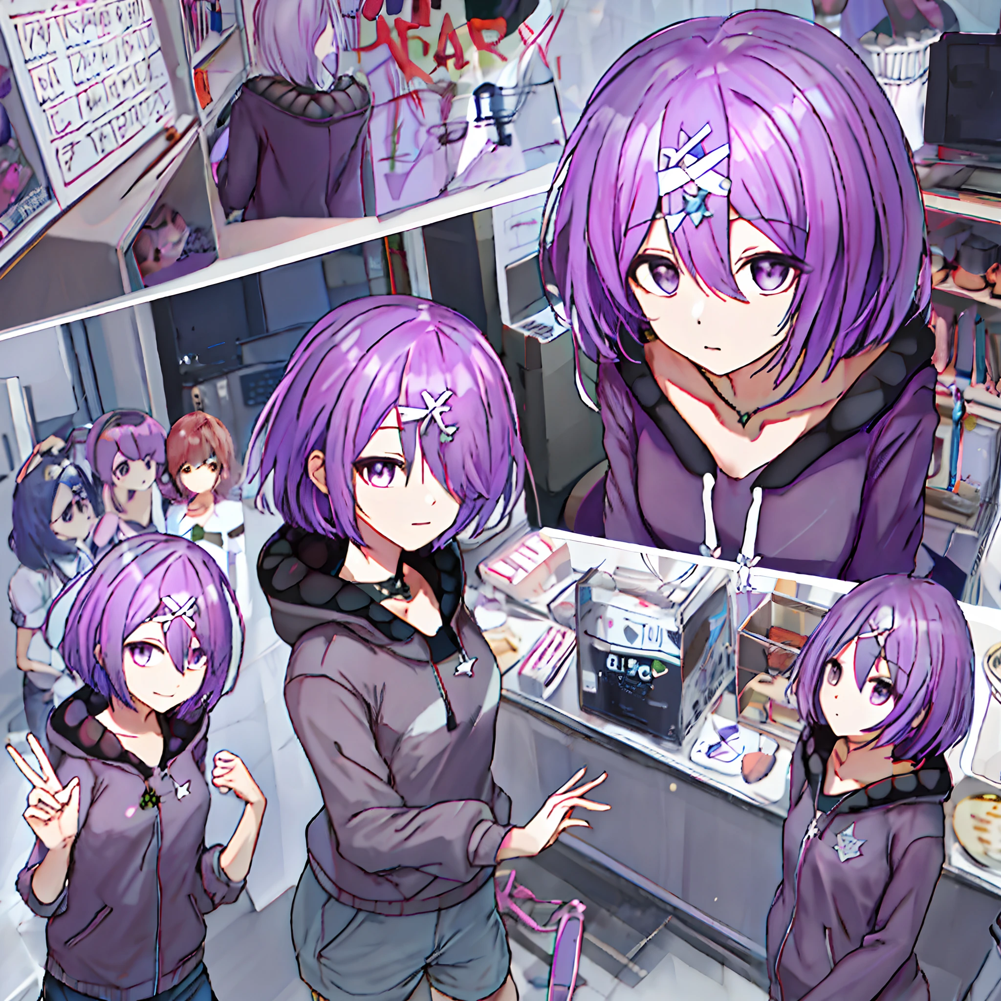 Purple hair big breasts(Light purple pick dye:1.3),Purple diamond-shaped pupil eyes,collars(Black and gray sweatshirt)