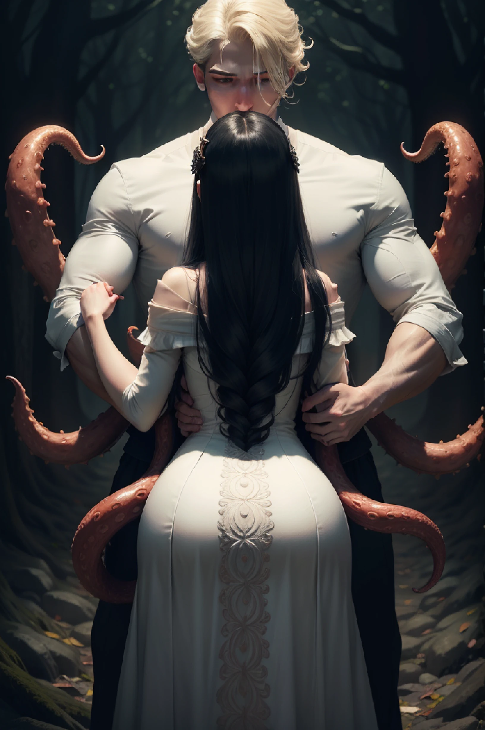 "A woman wearing a long white dress with black hair, being held by a handsome blonde man, both being embraced by a monstrous tentacle, observed from behind, illuminated in a chilling light, capturing the eerie atmosphere of a twisted love story, with his beautiful hands tightly gripping her waist."