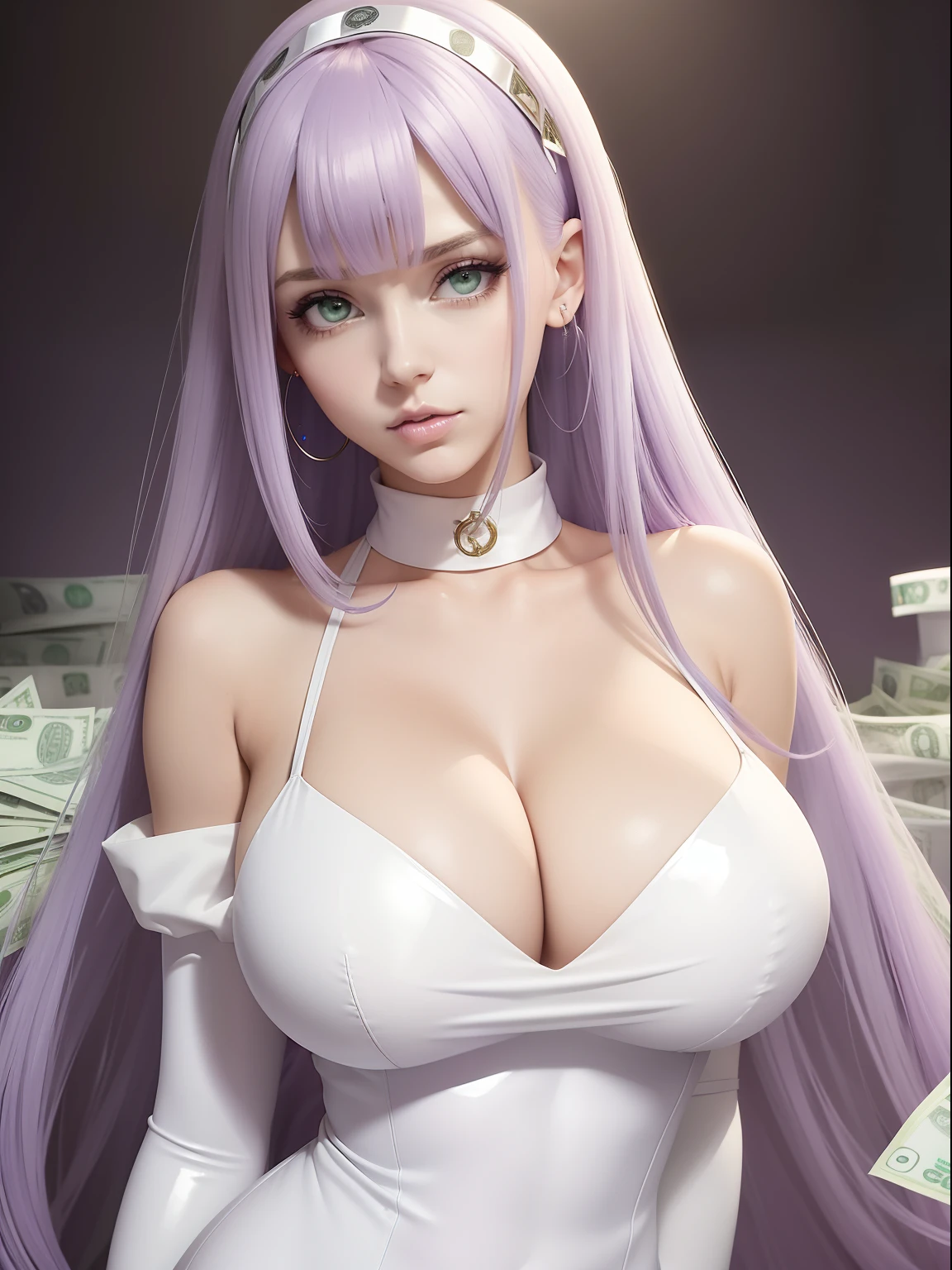 1girl, green eyes, white latex dress, close up, cleavage, big boobs, soft abs, very long light purple lilac hair, extremely detailed, piles of money in background, bags of cash in background, dollars falling in the air, standing in bank, money everywhere