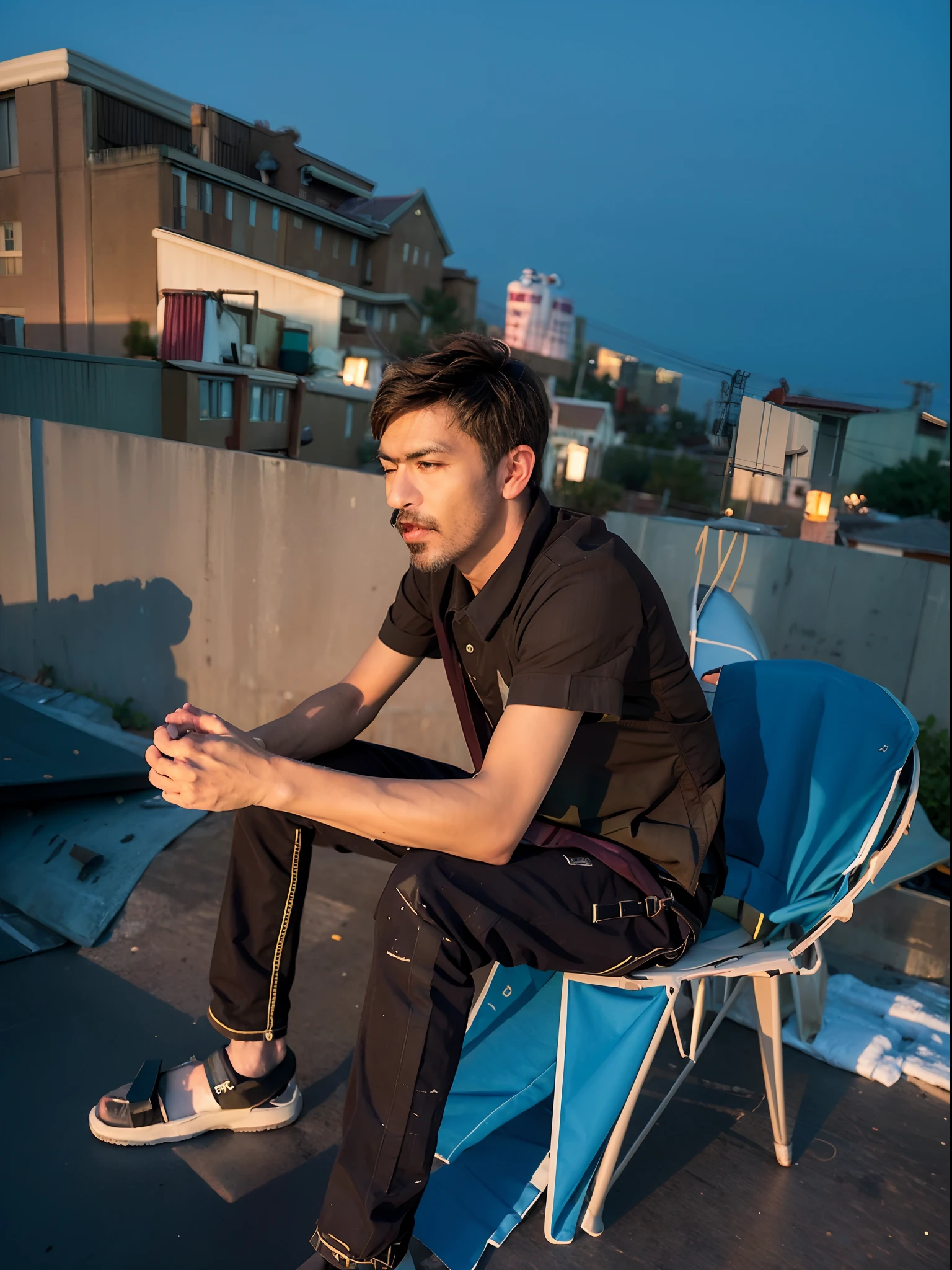 there is a man sitting on a chair on a roof, taken with sony alpha 9, taken with canon 8 0 d, taken with sony a7r camera, very very low quality picture, shot on nikon z9, shot on canon eos r 5, shot on canon eos r5, photo taken with sony a7r camera, candid picture