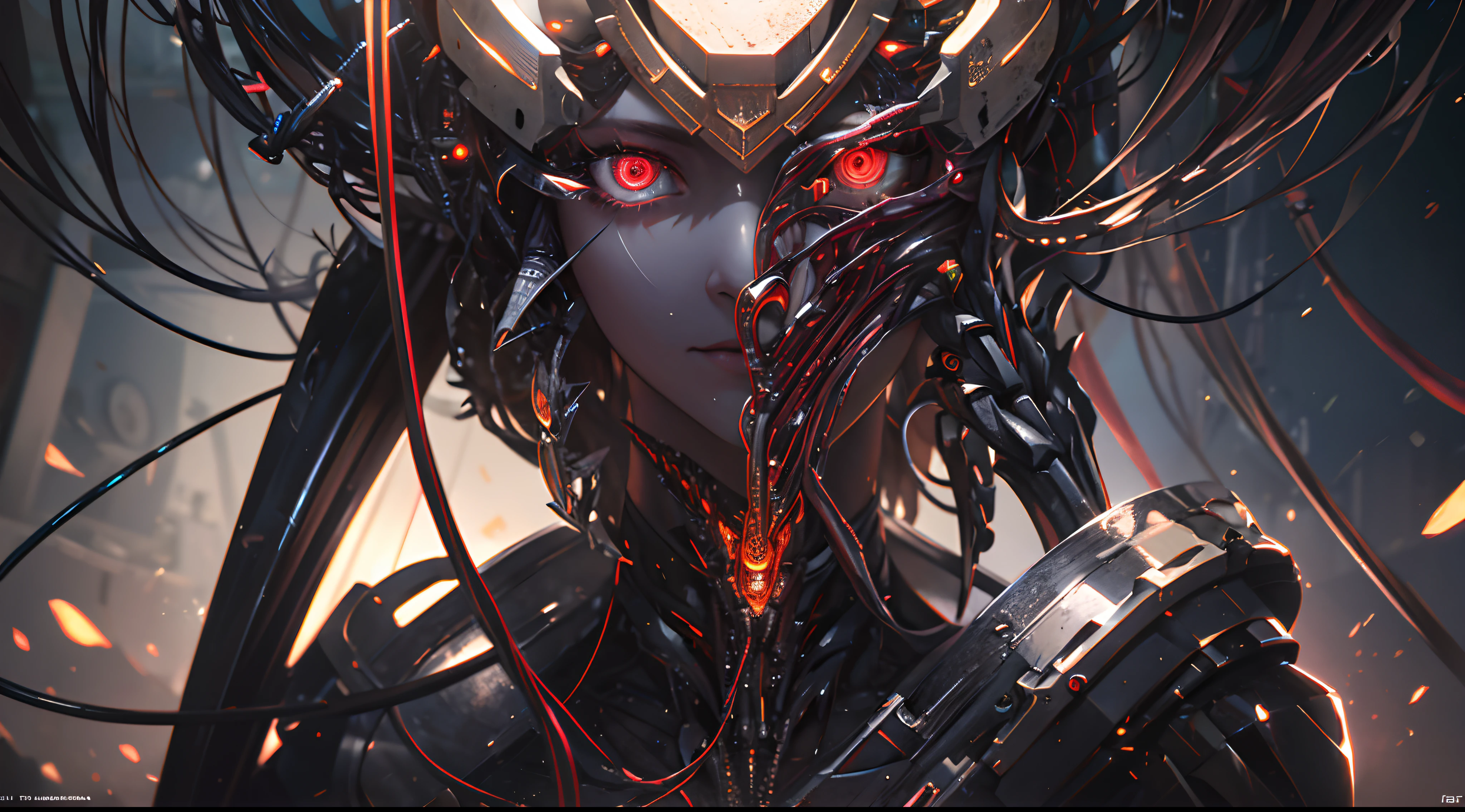1mechanical girl,((ultra realistic details)), portrait, global illumination, shadows, octane render, 8k, ultra sharp,metal,intricate, ornaments detailed, cold colors, egypician detail, highly intricate details, realistic light, trending on cgsociety, glowing eyes, facing camera, neon details, machanical limbs,blood vessels connected to tubes,mechanical vertebra attaching to back,mechanical cervial attaching to neck,sitting,wires and cables connecting to head