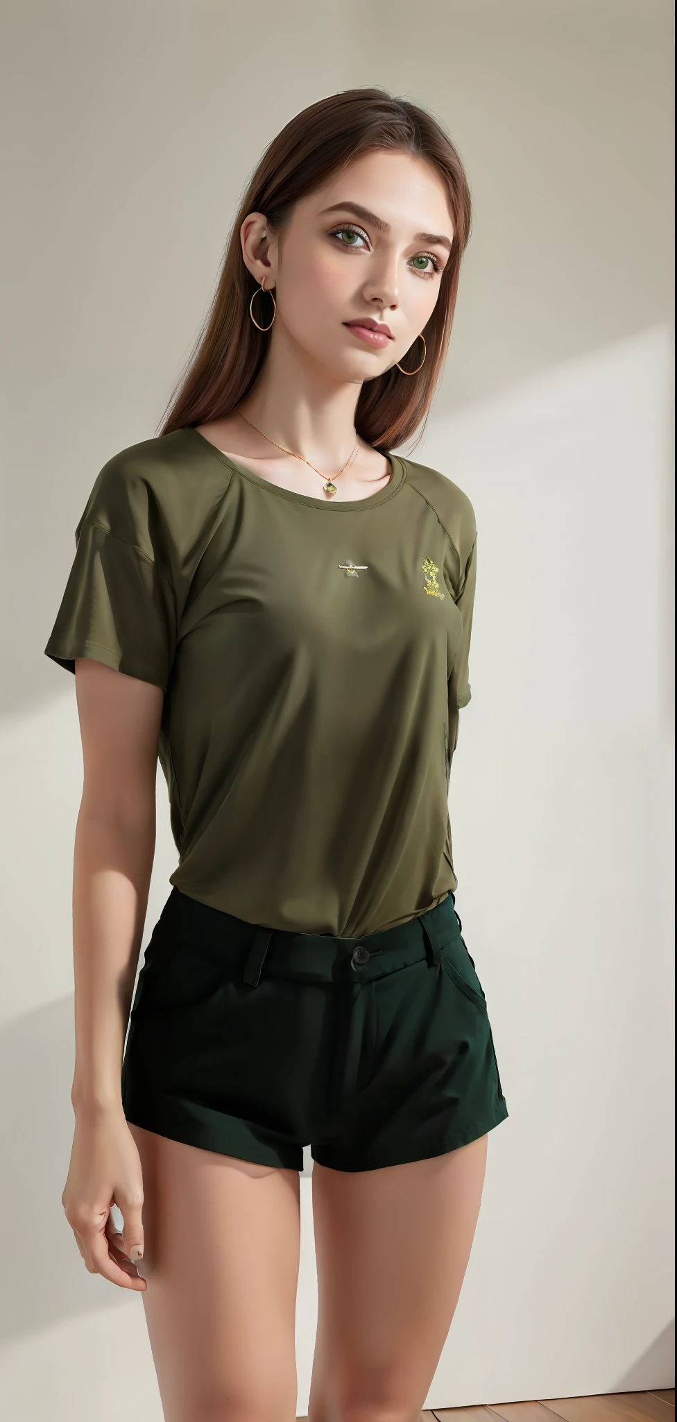 Mulher linda de camisa verde e bermuda andando pela rua, camisa verde, roupas verdes, roupas verdes, verde e amarelo, vestindo roupas verdes, vestindo uma camiseta, verde e ouro, roupas verdes casuais, usando um top bonito, ouro e verde, em uma camisa verde escuro, vestindo camisa apertada, camisa apertada, amarelo e verde