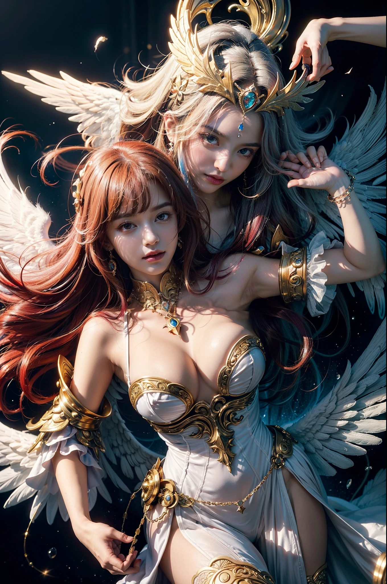 Please create a creature of light, a beautiful angel of light, a magical spirit of light, is a character full of a sense of justice and divine power, she is usually depicted as a beautiful female angel with wings and long hair, wearing a shining white robe and golden armor, gentle eyes, beautiful eyes, the image of the royal sister angel is very beautiful and noble, her face is usually depicted very soft, pure and elegant. Her divine power is also very powerful and is often used to protect and help those in need. Explore your creativity and depict this mysterious and fictional creature. Use vibrant colors, unique shapes, and fun textures to make your images unique and engaging. I am glad to see your artistic interpretation of the whole body, light, random dynamic poses, shining halos, beautiful and noble angels, magical light magic, perfect spell casting, blessing prayer, (masterpiece), (best quality), (ultra-detailed), (masterpiece:1.2), (best quality), (ultra-detailed. Maximalist Rococo. Astral escape. Splash art, Latina portrait, indigo red-haired Latina,