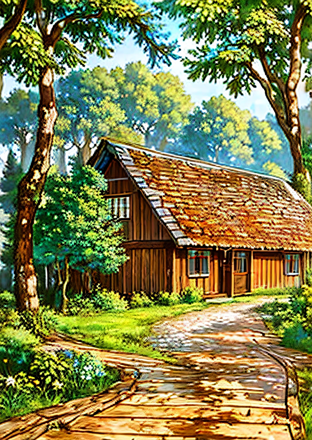 painting of a house in a field with a wooden path, house in the wood, cottage in the woods, cottage in the forest, idyllic cottage, beautiful house on a forest path, the house in the forest, solitary cottage in the woods, pen and ink painting, by Phyllis Bone, added detail, the small house in the forest, house in forest