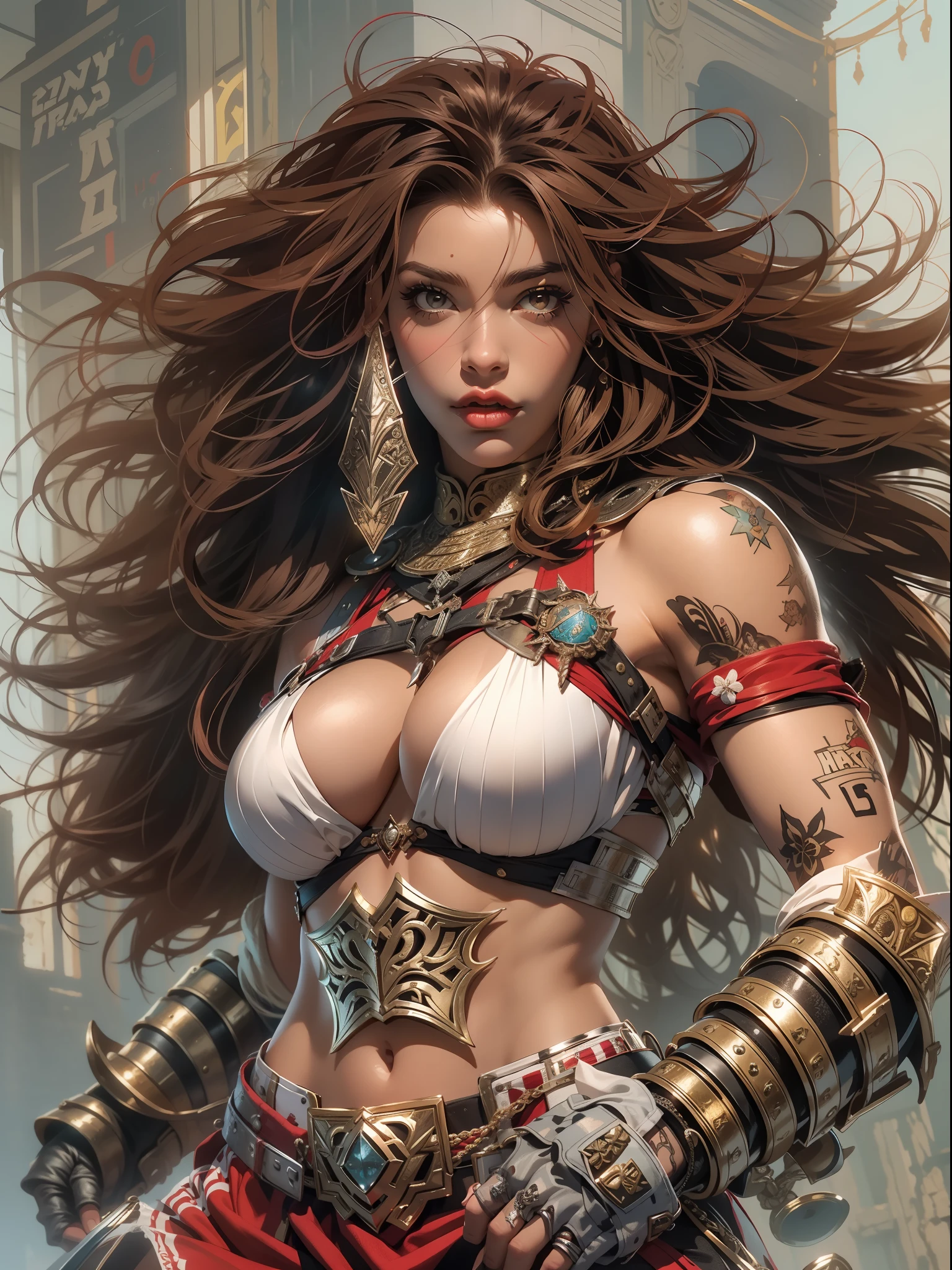 (((mulher))), (((melhor qualidade))), (((obra prima))), (((adulta))), Uma guerreira mulher de 35 anos com corpo perfeito, Brooklyn Gladiators, (( under boobs )), quase nua no estilo selvagem urbano de Simon Bisley para a capa da revista Heavy Metal, cabelo loiro, Minimum clothing, red and white checkered pattern, armadura, cheio de pontas e rebites, tatuagem tribal, (((do joelho pra cima))), cabelo desalinhado