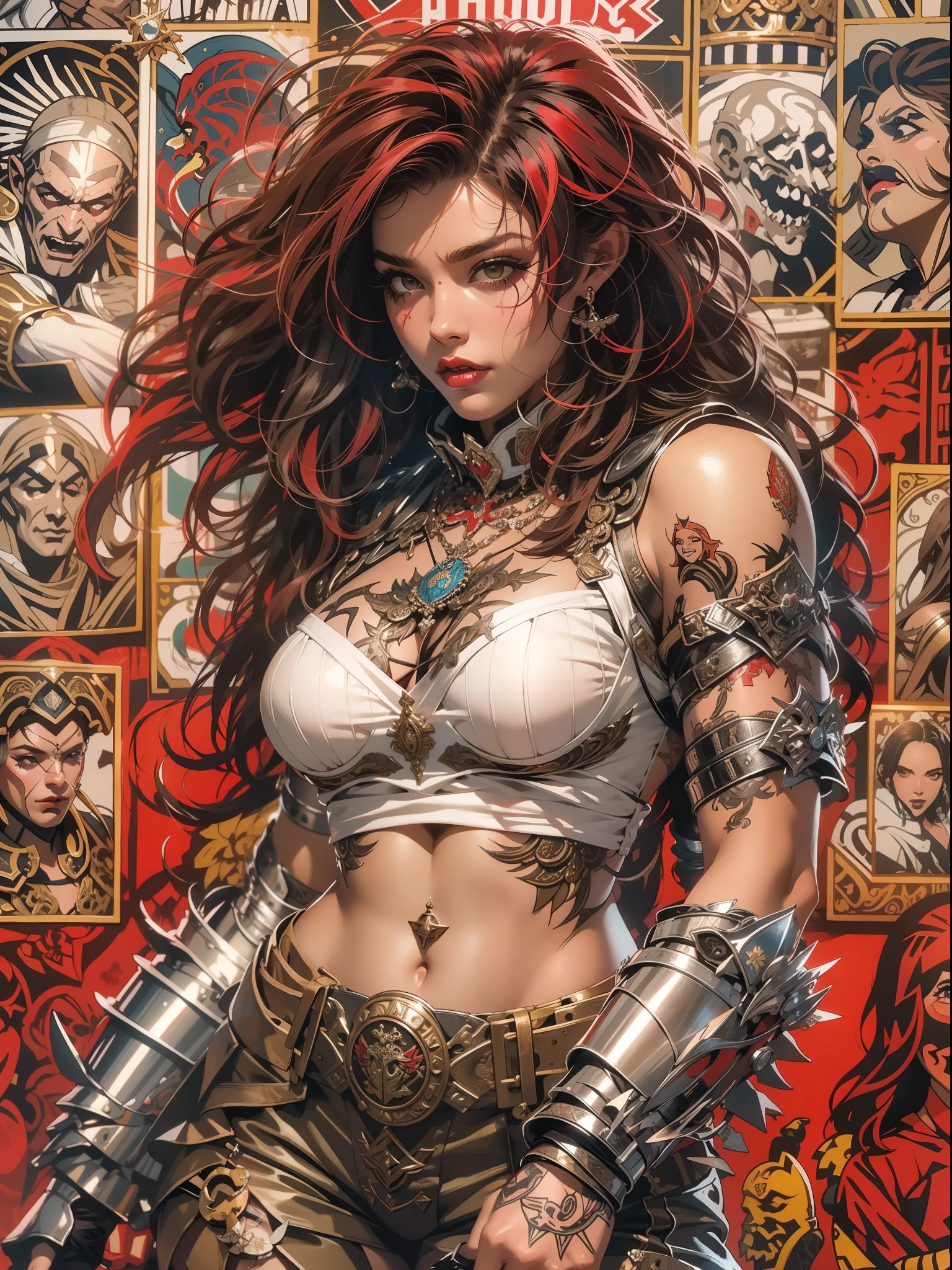 (((mulher))), (((melhor qualidade))), (((obra prima))), (((adulta))), Uma guerreira mulher de 35 anos com corpo perfeito, Brooklyn Gladiators, (( under boobs )), quase nua no estilo selvagem urbano de Simon Bisley para a capa da revista Heavy Metal, cabelo loiro, Minimum clothing, red and white checkered pattern, armadura, cheio de pontas e rebites, tatuagem tribal, (((do joelho pra cima))), cabelo desalinhado
