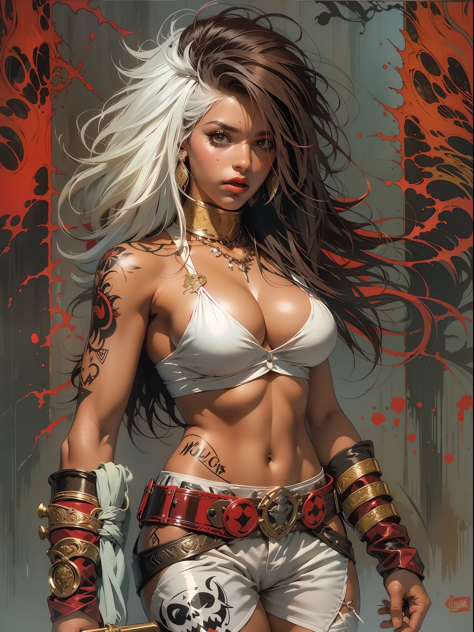 (((mulher))), (((melhor qualidade))), (((obra prima))), (((adulta))), Uma guerreira mulher de 35 anos com corpo perfeito, Brooklyn Gladiators, (( under boobs )), quase nua no estilo selvagem urbano de Simon Bisley para a capa da revista Heavy Metal, cabelo loiro, Minimum clothing, red and white checkered pattern, armadura, cheio de pontas e rebites, tatuagem tribal, (((do joelho pra cima))), cabelo desalinhado