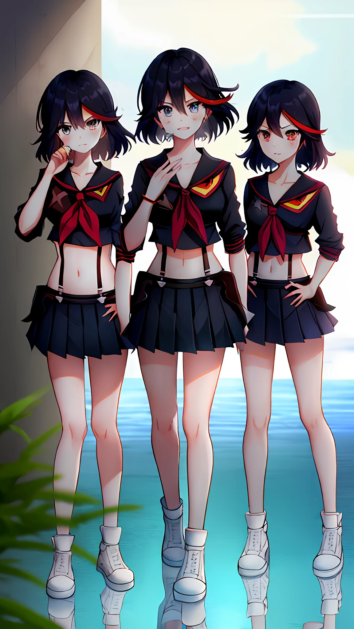 masterpiece, best quality, ultra-detailed, illustration,bandaid,matoi_ryuuko:1.3, bandaid_on_face,3girls,black_hair,injury,bandaid_on_leg,bandages,bandaid_on_nose,suspenders,multicolored_hair,bruise,skirt,bandage_on_face,short_hair,red_hair,serafuku,streaked_hair,midriff,bandaid_on_knee,senketsu, trio, pleated_skirt,full body, hand on hip,sun set:2,ocean:2,depth of field, cloudy sky, view at the back, Kamakura,handrail, water reflection, triplets, triplet pose, shoulder to shoulder, in a straight row