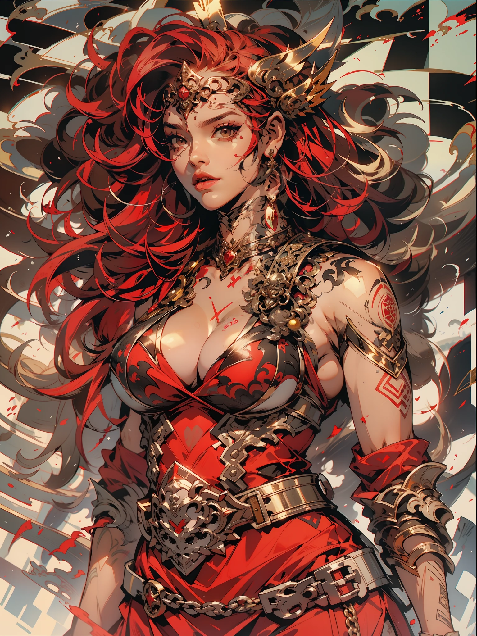 (((mulher))), (((melhor qualidade))), (((obra prima))), (((adulta))), Uma guerreira mulher de 35 anos com corpo perfeito, Brooklyn Gladiators, (( under boobs )), quase nua no estilo selvagem urbano de Simon Bisley para a capa da revista Heavy Metal, cabelo loiro, Minimum clothing, red and white checkered pattern, armadura, cheio de pontas e rebites, tatuagem tribal, (((do joelho pra cima))), cabelo desalinhado