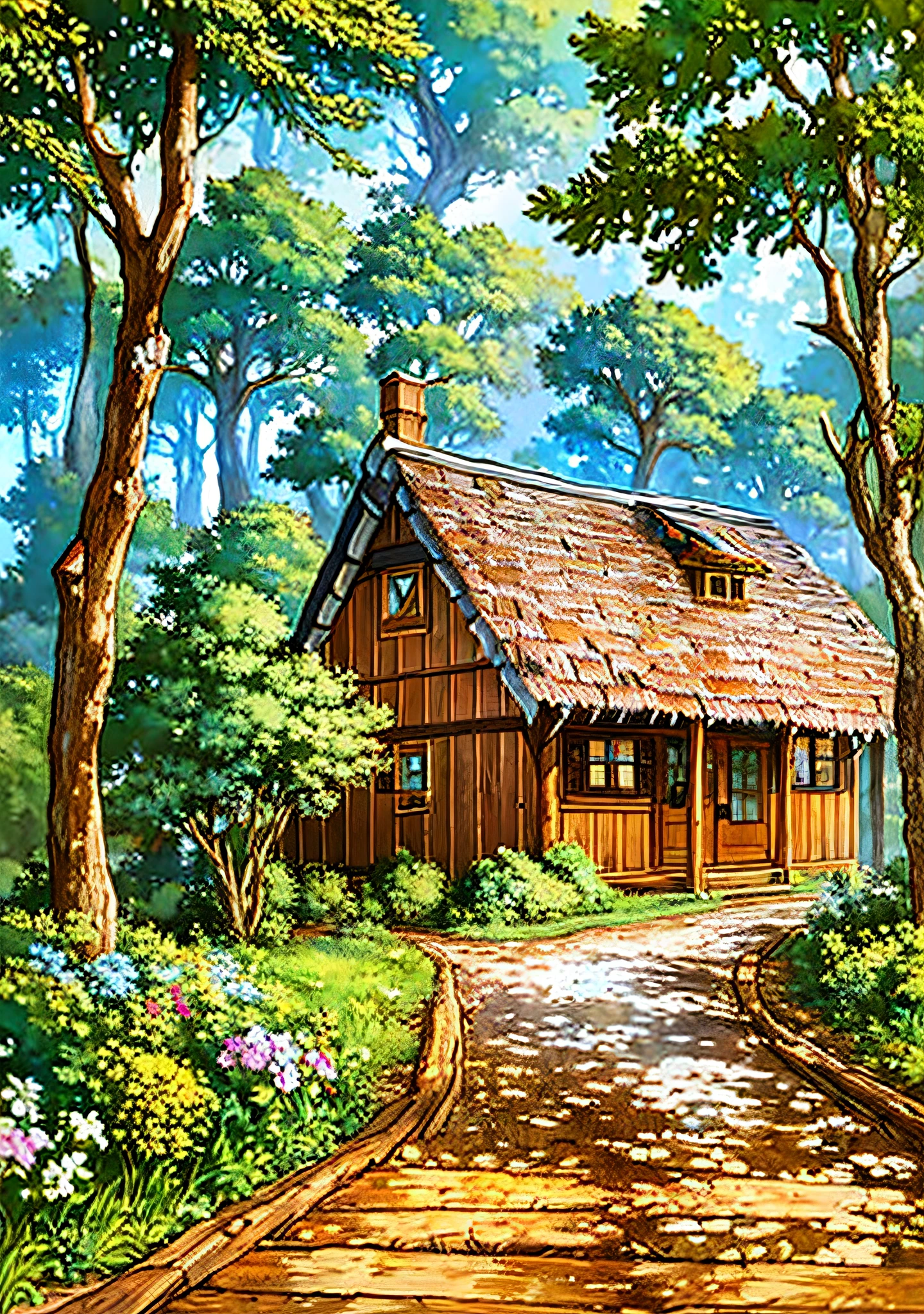 painting of a house in a field with a wooden path, house in the wood, cottage in the woods, cottage in the forest, idyllic cottage, beautiful house on a forest path, the house in the forest, solitary cottage in the woods, pen and ink painting, by Phyllis Bone, added detail, the small house in the forest, house in forest