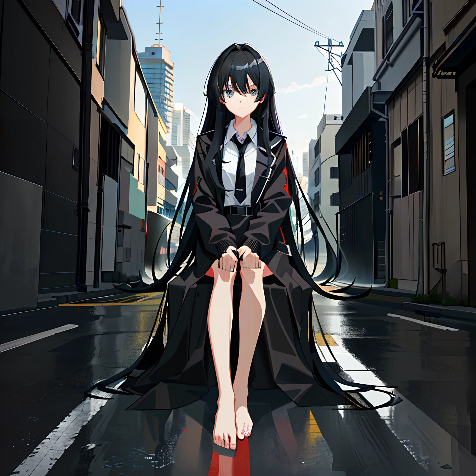 quadratic element,black long straight hair,teens girl,a black trench coat,The barefoot,no headwear,Sitting on a gray roof, anime style cityscape, modern anime style,Anime moe art style