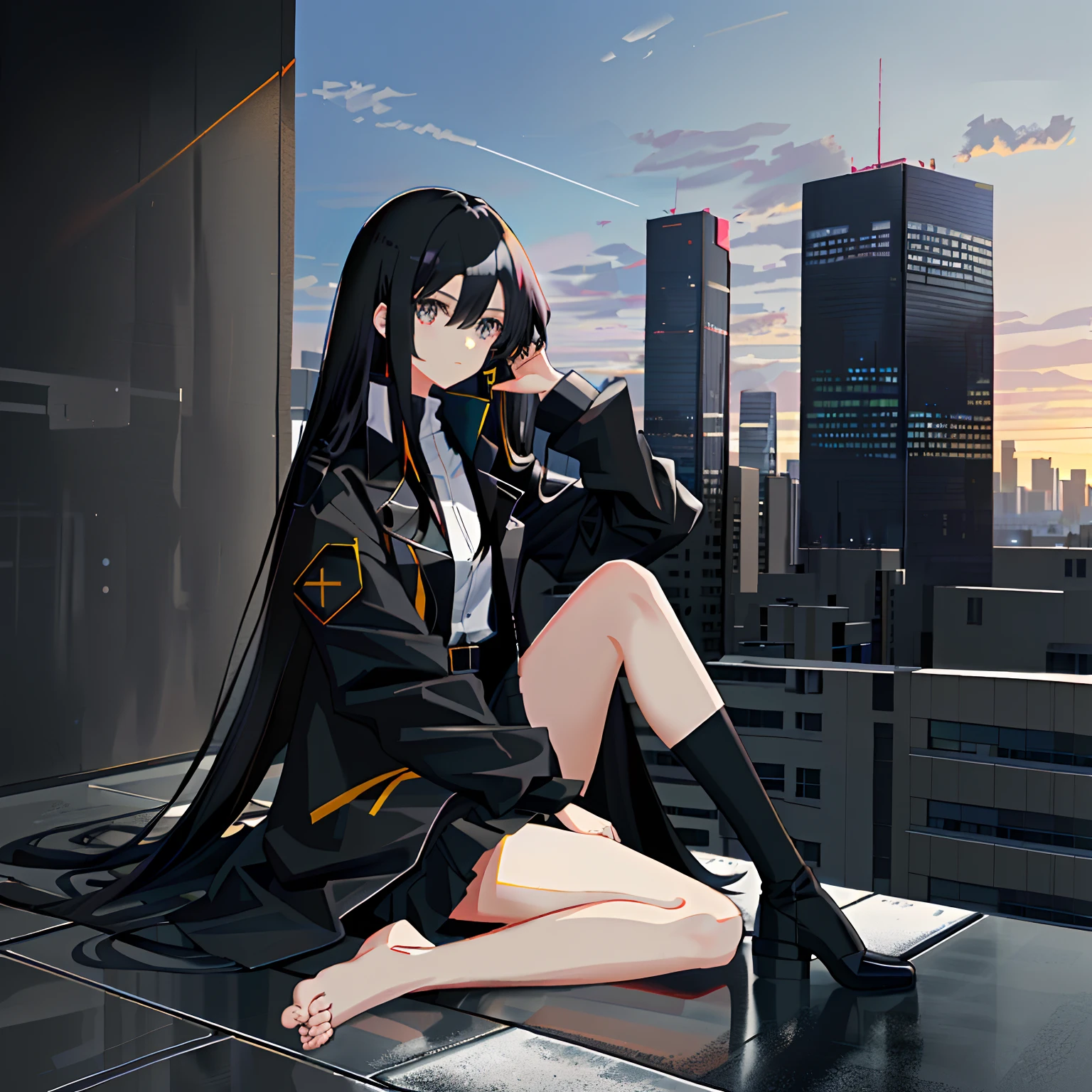 quadratic element,black long straight hair,teens girl,a black trench coat,The barefoot,no headwear,Sitting on a gray roof, anime style cityscape, modern anime style,Anime moe art style