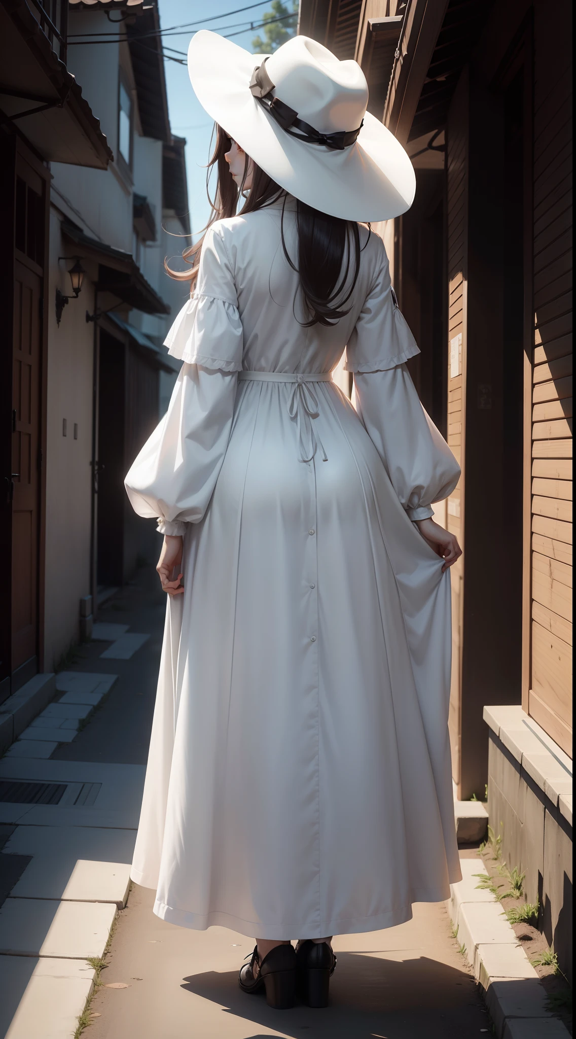 1 anime girl, horror, terror, hasshakusama, very tall girl, white dress, wide brim hat, hiding face, view back, full body