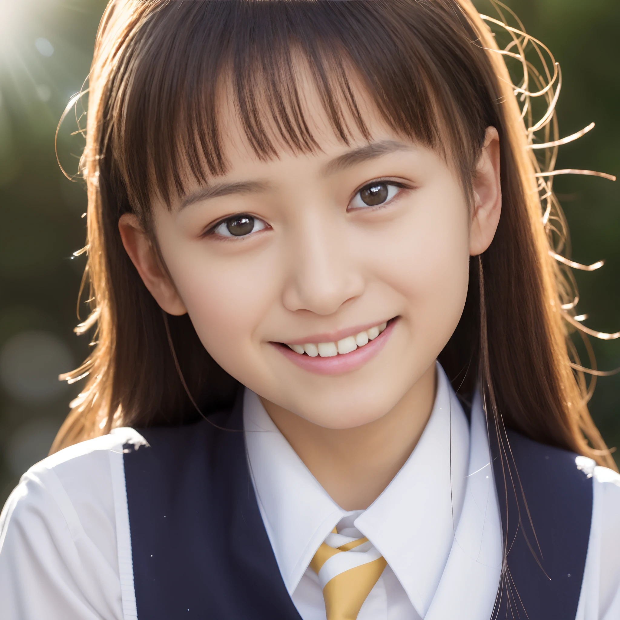 Lens 135mm f1.8, (Best Quality),(Raw photo), (masutepiece:1.1), (Beautiful Japan girl), cute face, Dappled sunlight, Dramatic Lighting, (Japan school uniform), (in a school), full of shyness、Twin-tailed, , (ssmile),, (Sparkling eyes)、(sunlights),