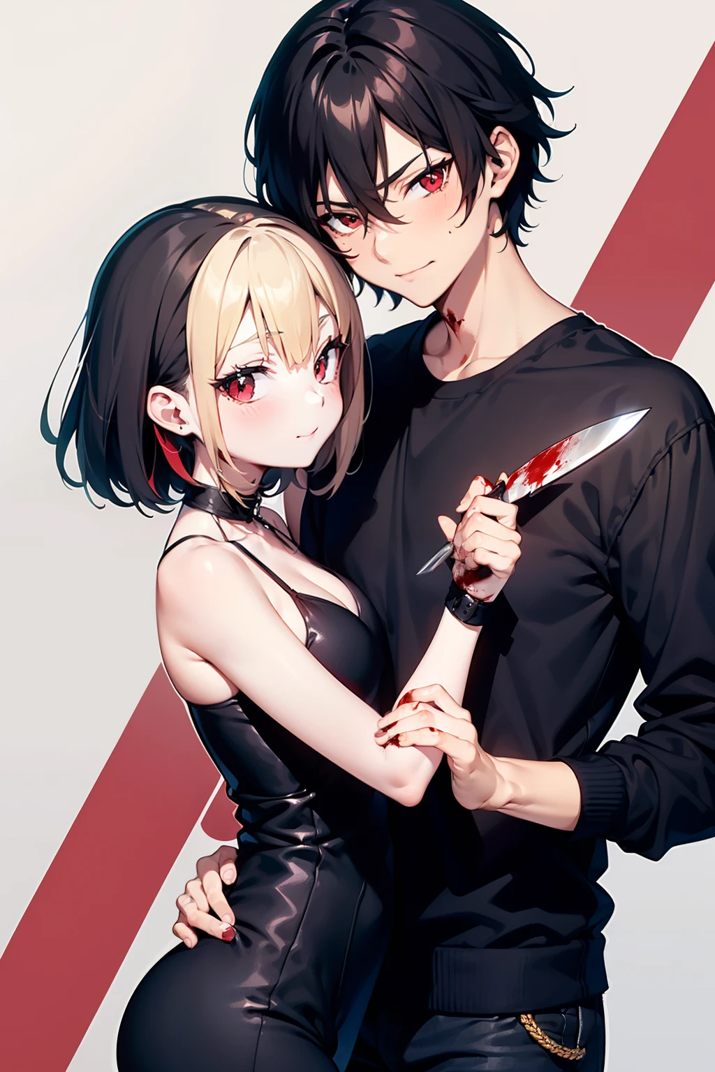 Anime boy with black hair and red eyes with a cold look hugging a short blonde girl from behind as she holds a knife laughing at the outfit and face full of blood Yadere