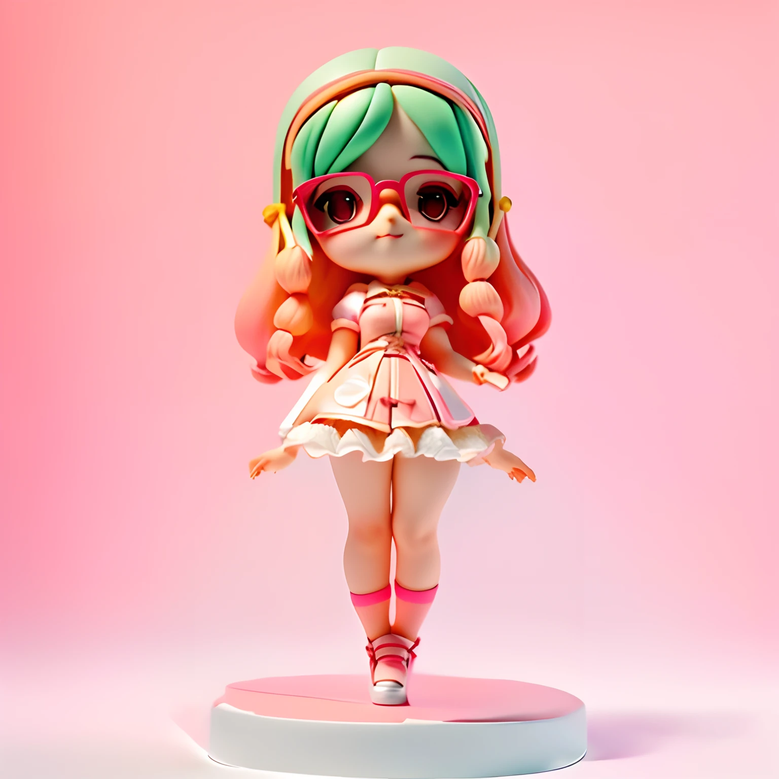 Woman with brown curly hair, grey eyes, very short, wears a white skirt and light pink hello kitty sweater, petete, fishnet lace stockings, button nose, round downturned eyes, white small belt, hello kitty hair clips, pink thigh garters, cute pink Mary Jane shoes, pink hello kitty choker,