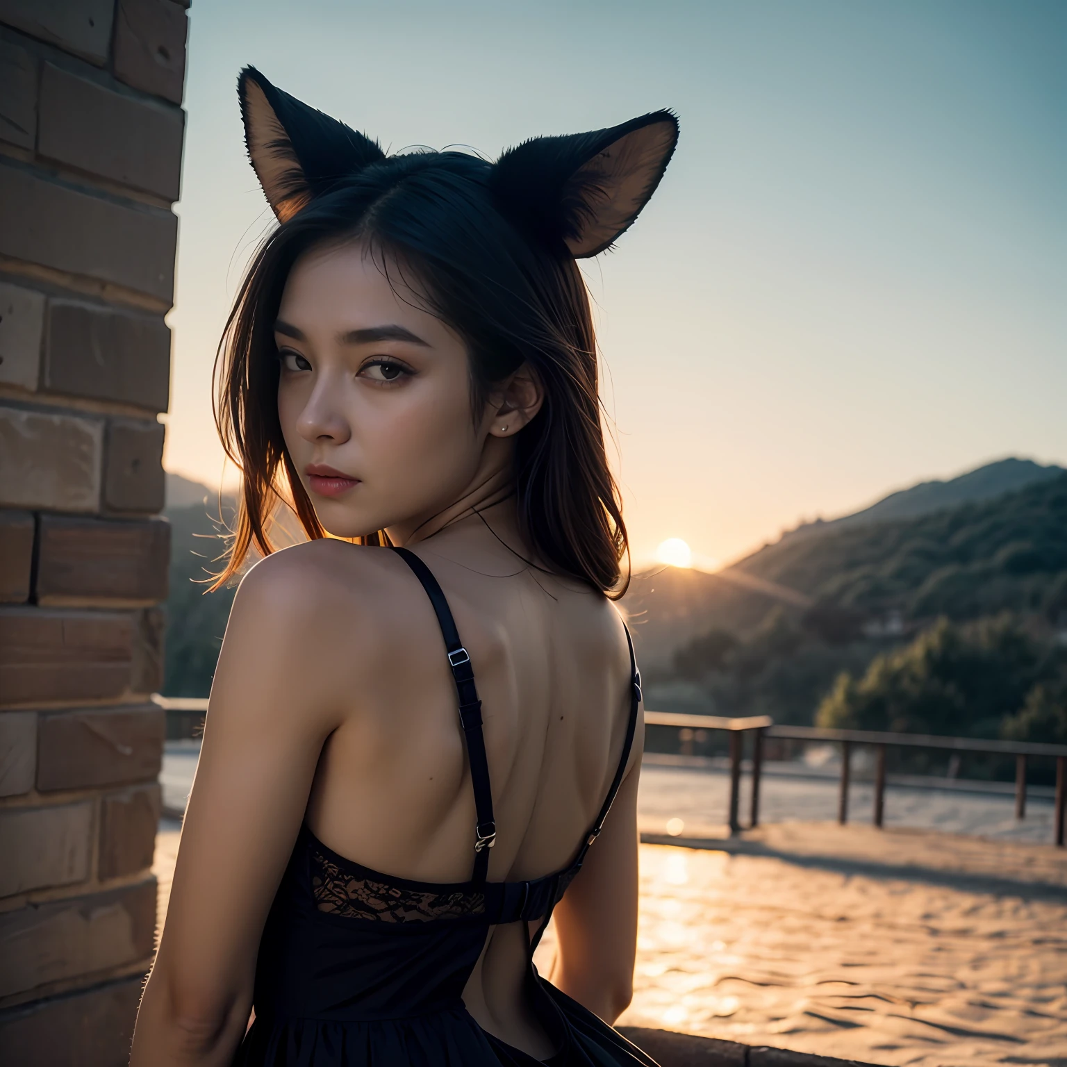 (best quality, masterpiece), 1girl, lingerie, big breqst, samurai, particle, wind, looking at viewer, fox ear, monsters in background, backlighting, upper body, pose