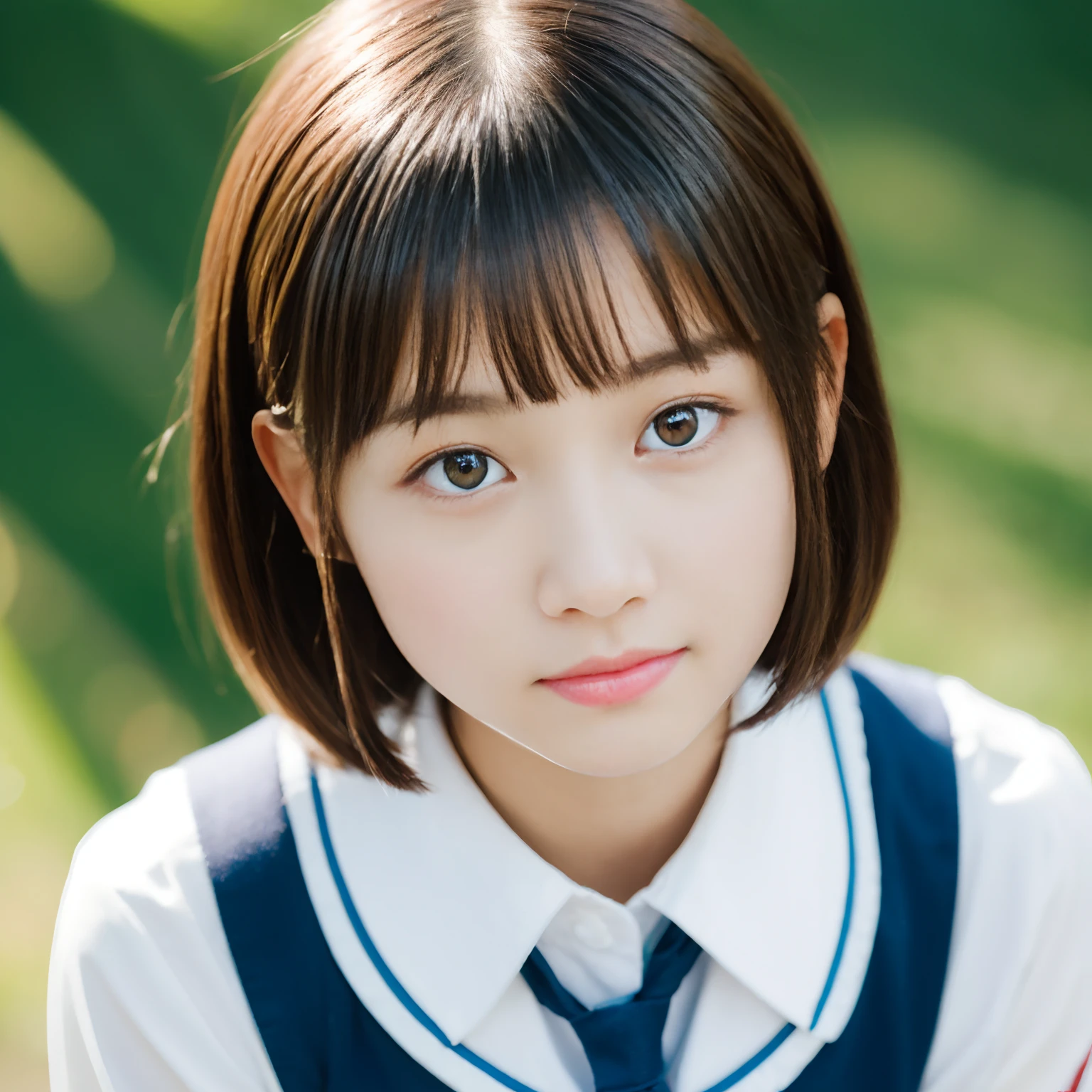 Lens 135mm f1.8, (Best Quality),(Raw photo), (masutepiece:1.1), (Beautiful 14 year old Japan girl), cute face, Dappled sunlight, Dramatic Lighting, (Japan school uniform), (in a school), full of shyness、Pixie cut, (close up shot of a face:1.2), (Sparkling eyes)、(sunlights), (from above),