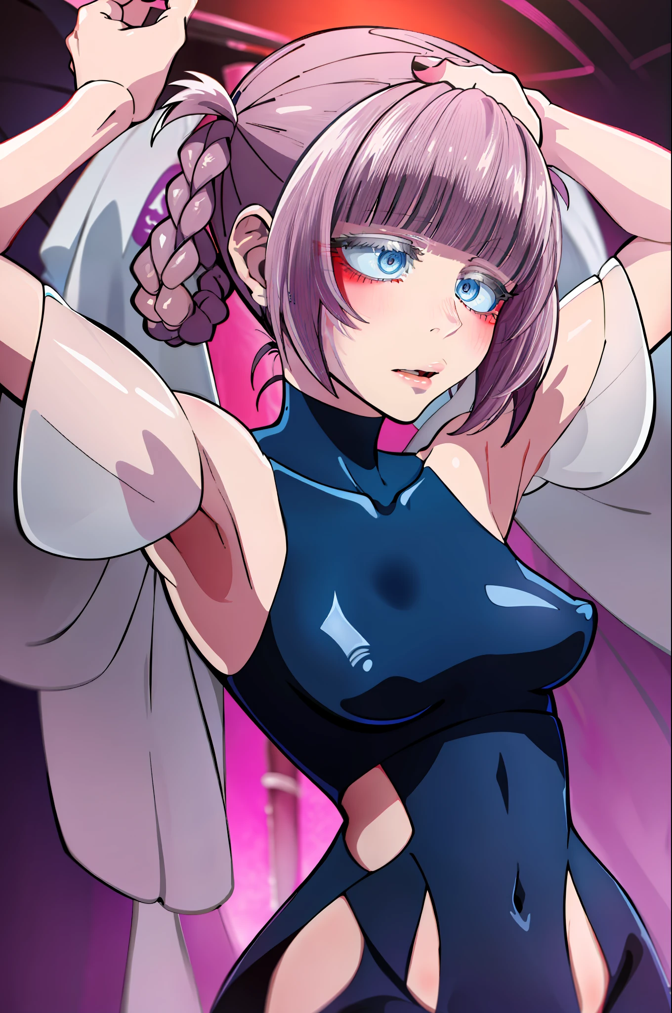 enfermaria, cortinas, 1girl, enfermeira, vestido branco, obra-prima, melhor qualidade, obra-prima, (extremamente delicado e belo:1.2), 
um fundo desfocado olhando para o espectador, 
1girl, solo, yofukashi no uta, Nazuna Nanakusa,fashi-girl, red-lips, blush, ????, ????????, espartilho, ???????, algemas, colarinho, (suspension: 1.6), peito para fora, tied up hands, hands behind the back, discreto, inclinado para a frente, alto detalhe