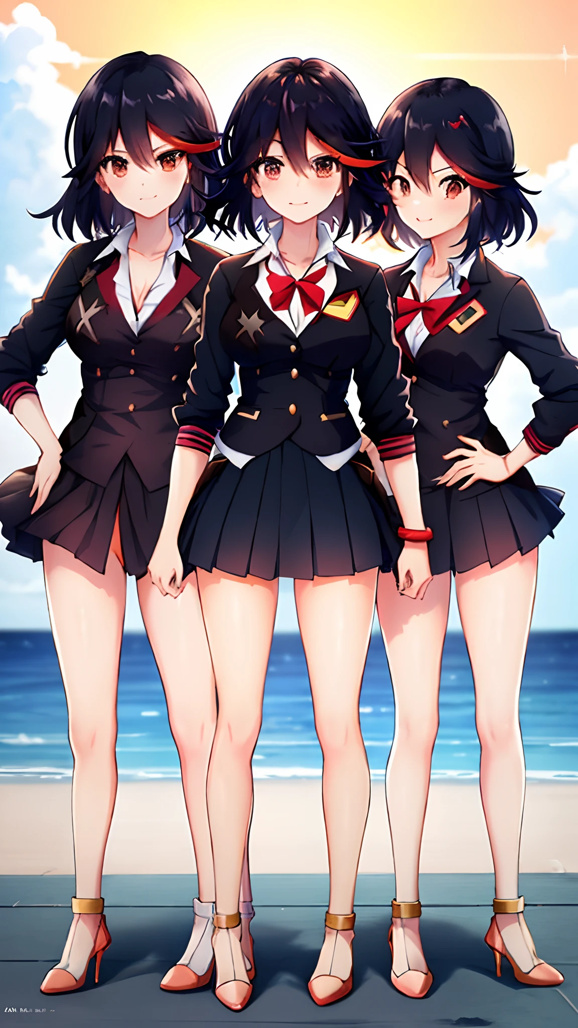 masterpiece, best quality, ultra-detailed, illustration,bandaid,matoi_ryuuko:1.3, bandaid_on_face,3girls,black_hair,multicolored_hair,skirt,short_hair,red_hair,streaked_hair,black and red skirt suit, blazer, trio, pencil_skirt, high heels, matching outfit, matching hairstyle, matching faces, full body, hand on hip,sun set:2,ocean:2,depth of field, cloudy sky, view at the back, Kamakura,handrail, water reflection, triplets, triplet pose, shoulder to shoulder, in a straight row