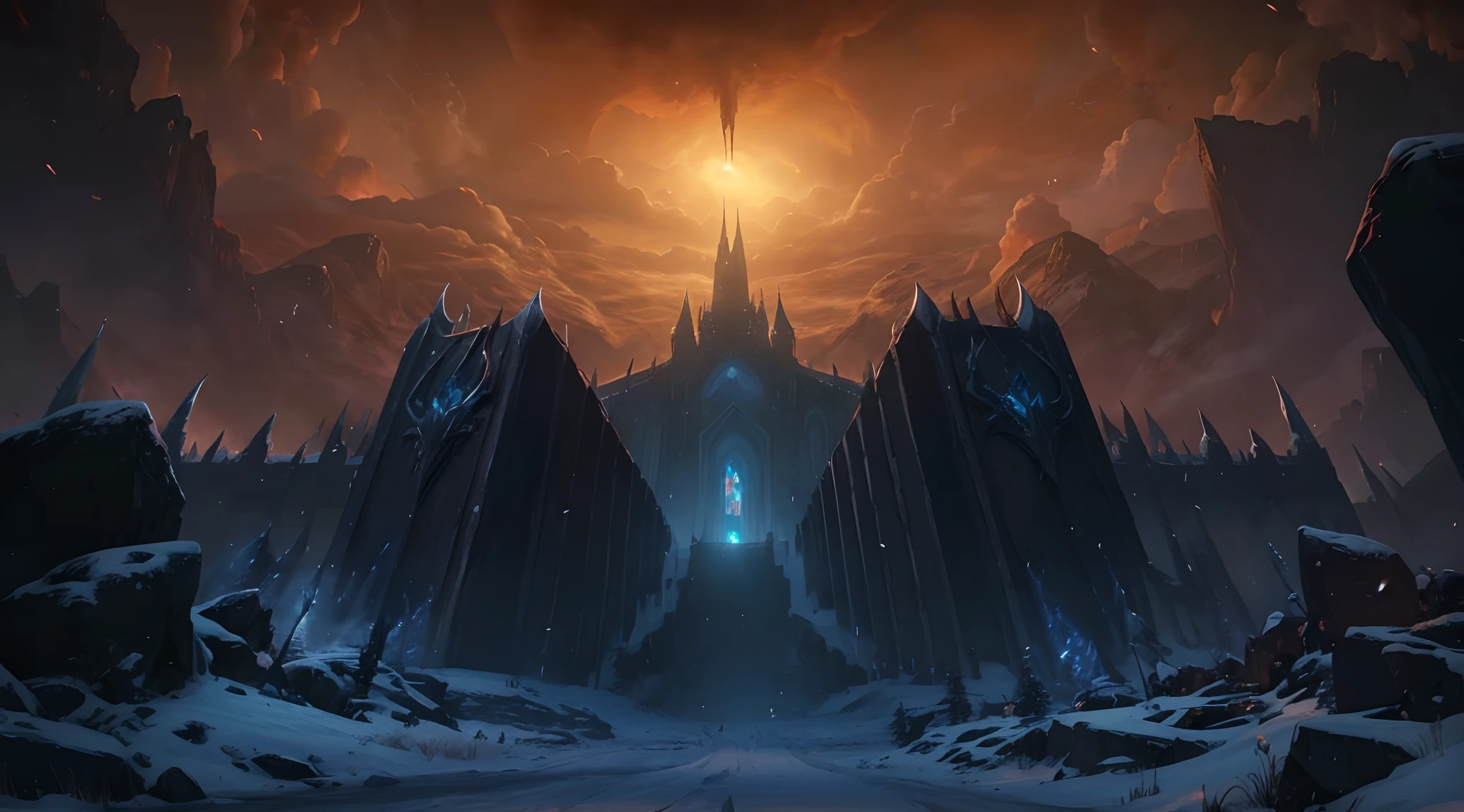 a closeup of a very large castle in a very large snowy area, arte conceitual de world of warcraft, Symmetrical Epic Fantasy Art, Arte conceitual do jogo Blizzard, arte conceitual diablo, As portas do inferno, A entrada de Valhalla, A porta do inferno, Arte conceitual da Blizzard, O Rei Lich, Arte conceitual de Noah Bradley, Porta para o inferno, arte do mundo de warcraft