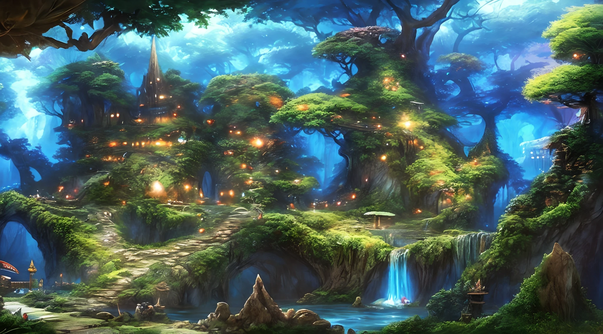 pintura de uma aldeia de fantasia com uma cachoeira e uma cachoeira, Cidade da fantasia de Medeival, fantasia altamente detalhada, Fantasia Pintura HD, bela fantasia detalhada, Vila da Fantasia, pintura de fantasia bonita, Cidade da Fantasia, Fantasia pintura fosca，fofo, whimsical fantasy landscape art, fantasy town setting, cena de fantasia, paisagem de arte de fantasia, Pintura realista de fantasia, arte digital de fantasia detalhada