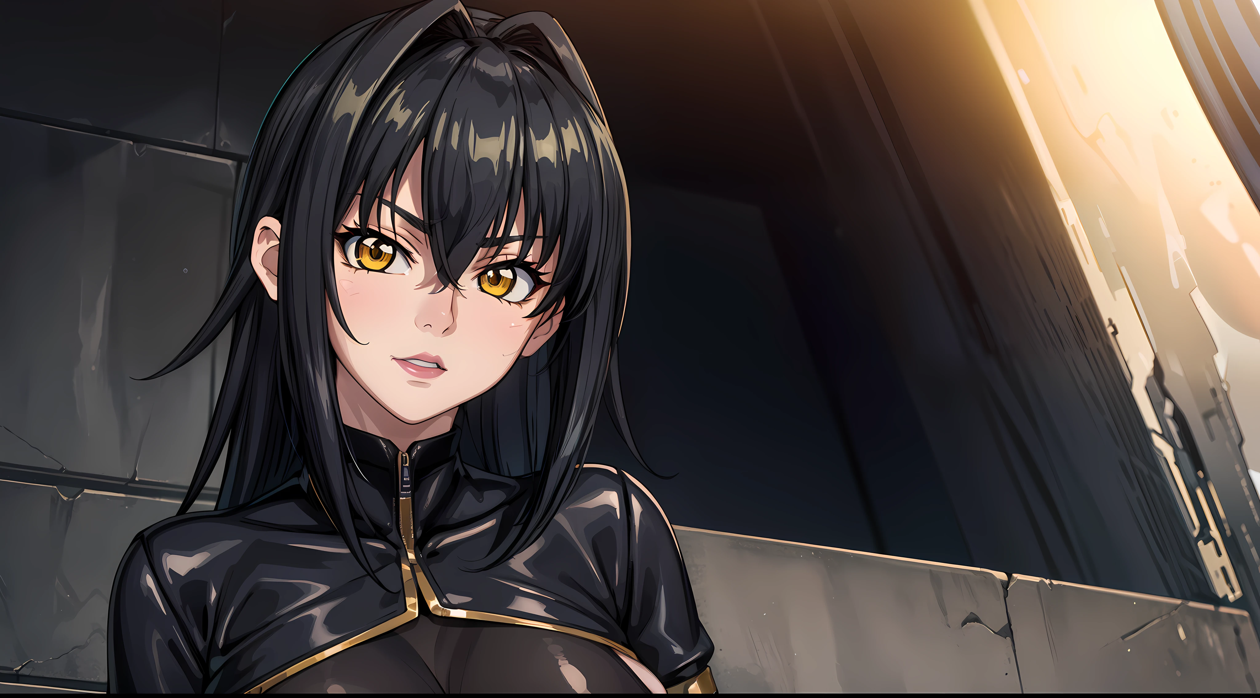 professional artwork, Intricate Details, field of view, sharp focus, detailed painting, photorealistic lighting, trending on pixiv, Standing at attention, black outfit ,yellow collared shirt,black bodysuit,skin_tight,black legwear, black pantyhose, Side_boob, black hair,very long hair, Bangs,yellow eyes,makeup, lipstick, 35yo,mature female,Beautiful Finger,Beautiful long legs,Beautiful body,Beautiful Nose,Beautiful character design, perfect eyes, perfect face, looking at viewer,official art,extremely detailed CG unreal engine, 8k wallpaper, perfect lighting,Colorful, Bright_Front_face_Lighting, (masterpiece:1.0),(best_quality:1.0), ultra high res,4K,ultra-detailed, photography, 8K, HDR, highres, absurdres:1.2, Kodak portra 400, film grain, blurry background, (Beautiful,large_Breasts:1.4), (beautiful_face:1.5),(narrow_waist), (solo:1.4), ((landscape dimension)),