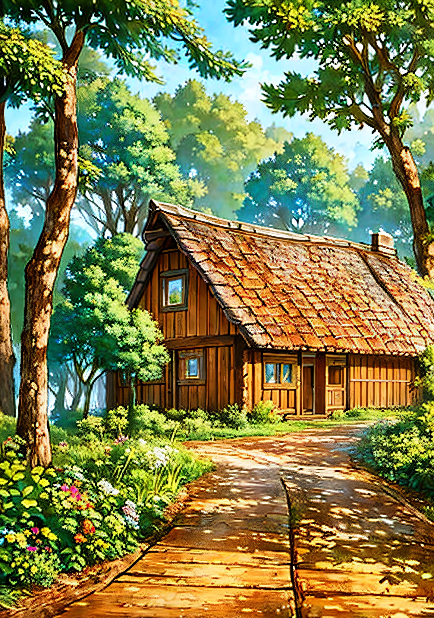 painting of a house in a field with a wooden path, house in the wood, cottage in the woods, cottage in the forest, idyllic cottage, beautiful house on a forest path, the house in the forest, solitary cottage in the woods, pen and ink painting, by Phyllis Bone, added detail, the small house in the forest, house in forest