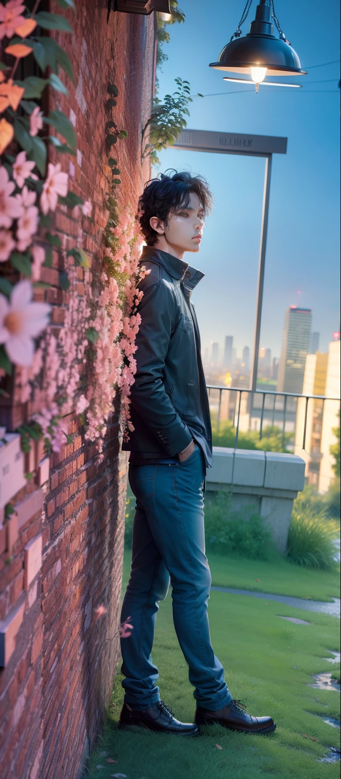 1man,masterpiece,best quality, ultra high res, dusk,cityscape,depth of field, short black messy hair, solo male