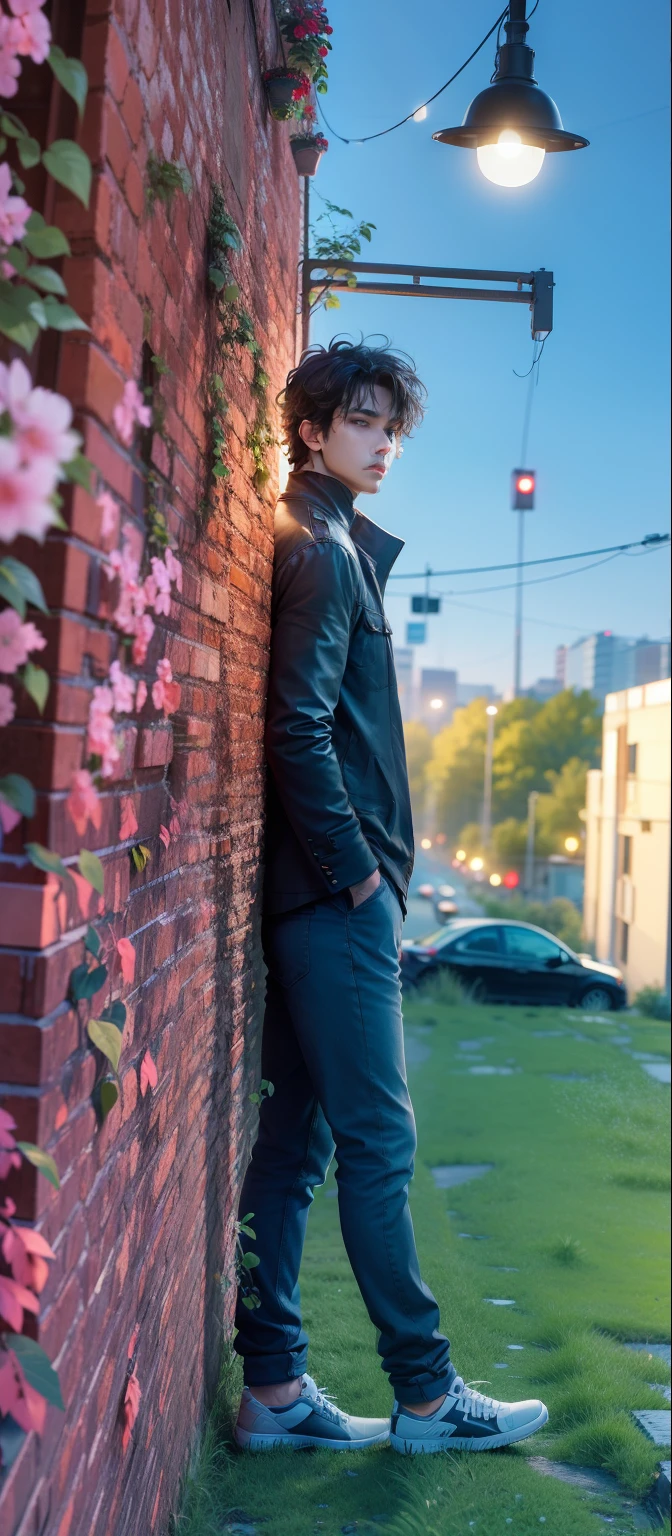1man,masterpiece,best quality, ultra high res, dusk,cityscape,depth of field, short black messy hair, solo male