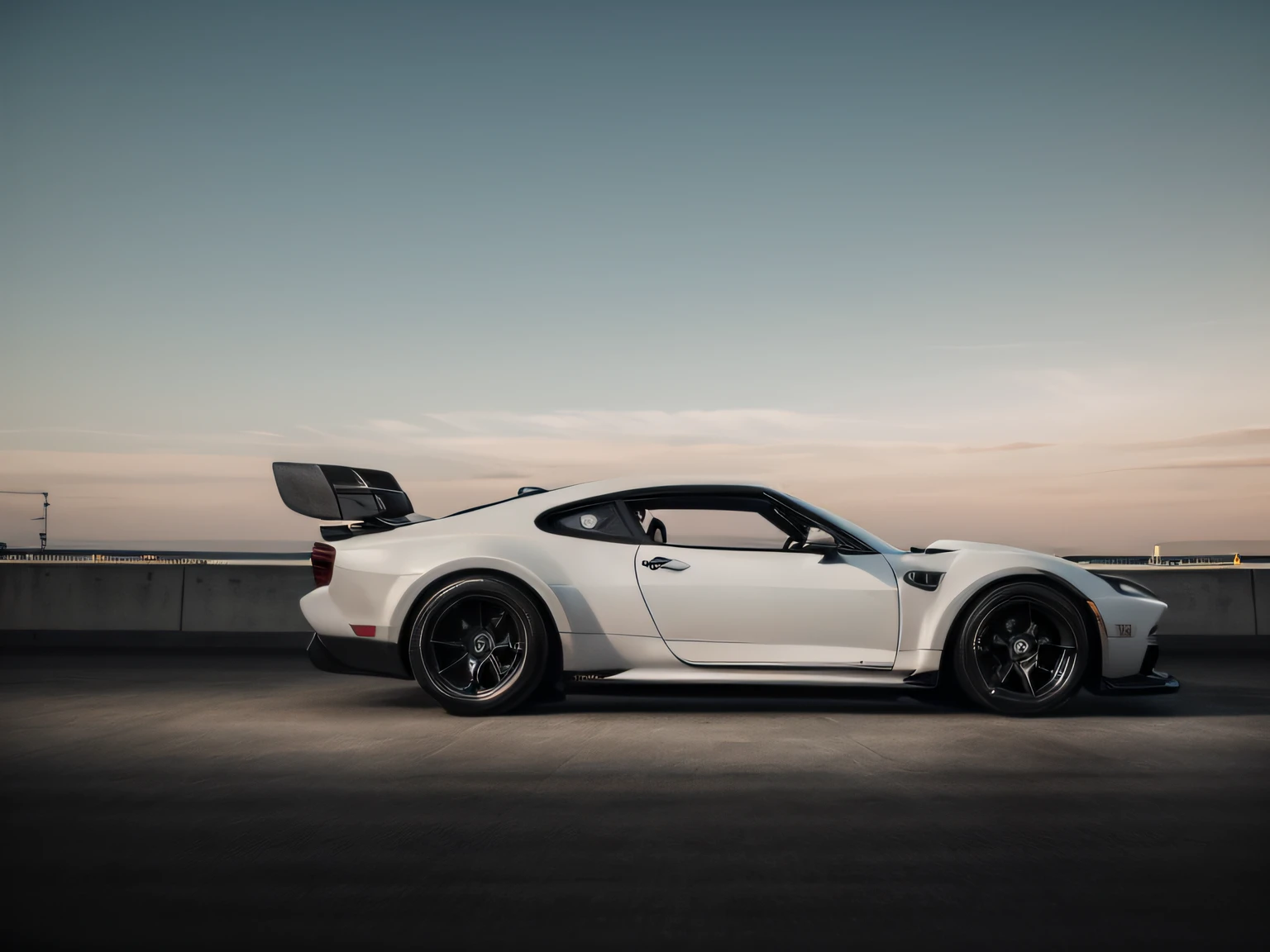 documentary photography of a jenniffer model standing by a white sports car with a black stripe on the hood and a black spoiler on the trunk. The car is parked on a concrete surface with a building in the background, cinematographic lighting, sunset, in the style of Christopher Nolan