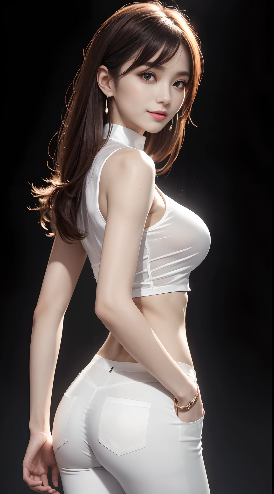 8k, masterpiece, RAW photo, best quality, photorealistic, extremely detailed CG unity 8k wallpaper, Depth of field, Cinematic Light, Lens Flare, Ray tracing, (extremely beautiful face, beautiful lips, beautiful eyes), intricate detail face, ((ultra detailed skin)) 1girl, in the dark, deep shadow, pretty korean girl, kpop idol, 1 girl, (very slim slender fit-muscled body:1.3), ((looking at viewer)),(big smile:1.3), (tight laced blouse), (hot pink color blouse), (sleeveless) , (fashion city night, dark night, (neon sign), (blurred background), fashion street night),(without people in the background:1.3), beautiful earrings, bracelets, necklace, pantyhose, clear eyes, (pale skin), (big eyes), face forward, ((upper body shot)), ((silk white color pants:1.3)),(brown hairs),((tight fitting silk pants)), (see through), (looking at viewer:1.3) open breast, very slim, medium breasts, turning back, back shot, ((see through)), underwear