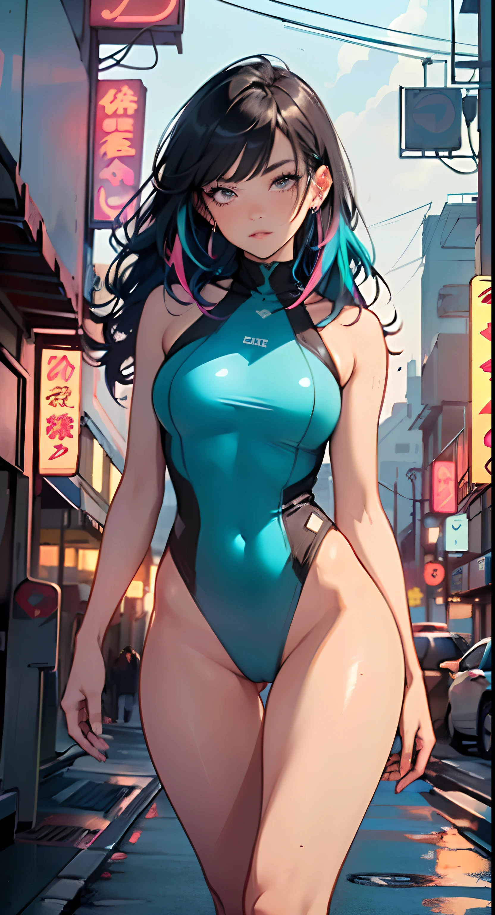sporty girl with Asian features,(((1girl))),((anime girl with dark hair and turquoise highlights,extremely cute and beautiful walking seductively down the street)),
(large breasts:1.4),saggy breasts,(((Black hair with turquoise streaks:1.35,straight hair,long hair:1.4,colored inner hair,ear breathing))),((heterochromia,eye1 blue,eye2 turquoise,perfect eyes,upturned eyes:1.3,beautiful detailed eyes,finely detailed beautiful eyes:1,big highlight on eyes:1.2,slanted eyes)),((fat)),(((lustrous skin:1.5,bright skin: 1.5,skin tanned,shiny skin,very shiny skin,shiny body,plastic glitter skin,exaggerated shiny skin))),(spider lower abdomen,narrow waist,wide hip,athletic body,inflated legs,delicate detailed fingers,detailed body,detailed arms,human hands,(detailed face)),
cute,slutty,seductive,erotic,(((nsfw))),
((one-piece_swimsuit magenta)),(wearing a one-piece_swimsuit outfit:1.3),(detailed outfit,detailed clothes),
(dynamic pose:1.0),embarrassed,centered,scale to fit dimensions,Rule of thirds,
outdoors,((night view)),(very pretty city neon synthwave,cyberpunk night street Background:1.5,dark sky,thick clouds),future vehicles,((neon lights)),thick clouds,(cyberpunk style,neon lights, (synthwave theme background), lonely street),(((detailed background:1.25))),
(best quality),(high resolution),(sharp focus),(ultra detailed),(extremely detailed),(extremely high quality artwork),8k_wallpaper,(extremely detailed CG 8k),(very fine 8K CG),((hyper super ultra detailed perfect piece)),flawless,(((masterpiece))),illustration,vibrant colors,(intricate),High contrast,Selective lighting,Double exposure,HDR (High Dynamic Range),Post-processing,Background blur,