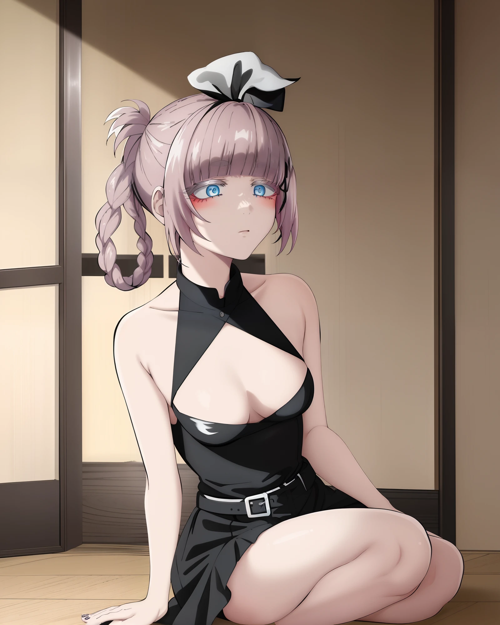melhor qualidade, altamente detalhado, obra-prima, ultra-detalhado, solo, 1girl, fundo branco, olhos delicados, (coelhinho playboy: 1.2), yofukashi no uta, Nazuna Nanakusa, red_ribbon, black_hair, folded_ponytail, hair_ribbon, olhos vermelhos profundos, franja, black_dress, eyebrows_visible_through_hair, sidelocks, testa nua, no expression, sentado, caustics, parte superior do corpo,