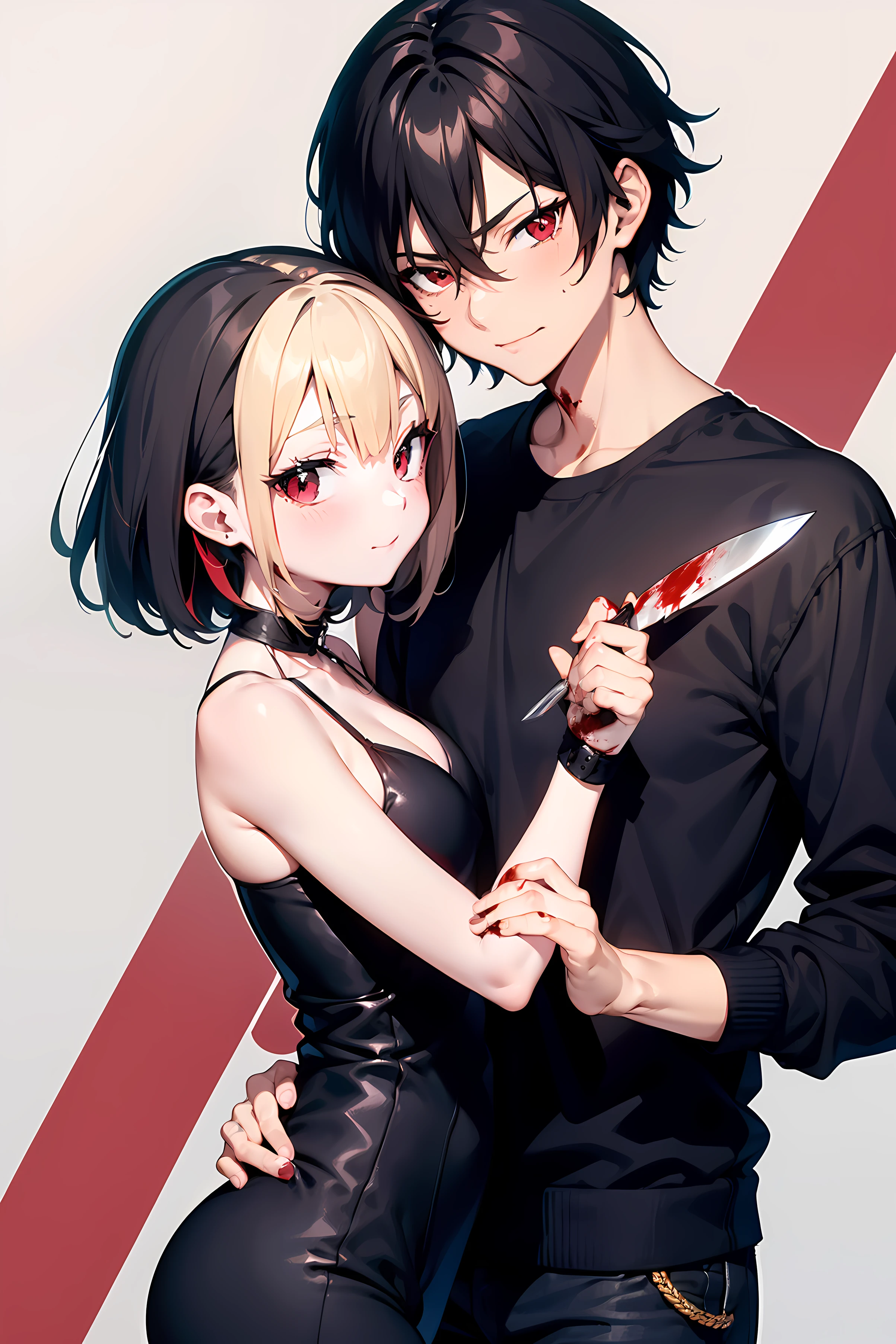 Anime boy with black hair and red eyes with a cold look hugging a short blonde girl from behind as she holds a knife laughing at the outfit and face full of blood Yadere
