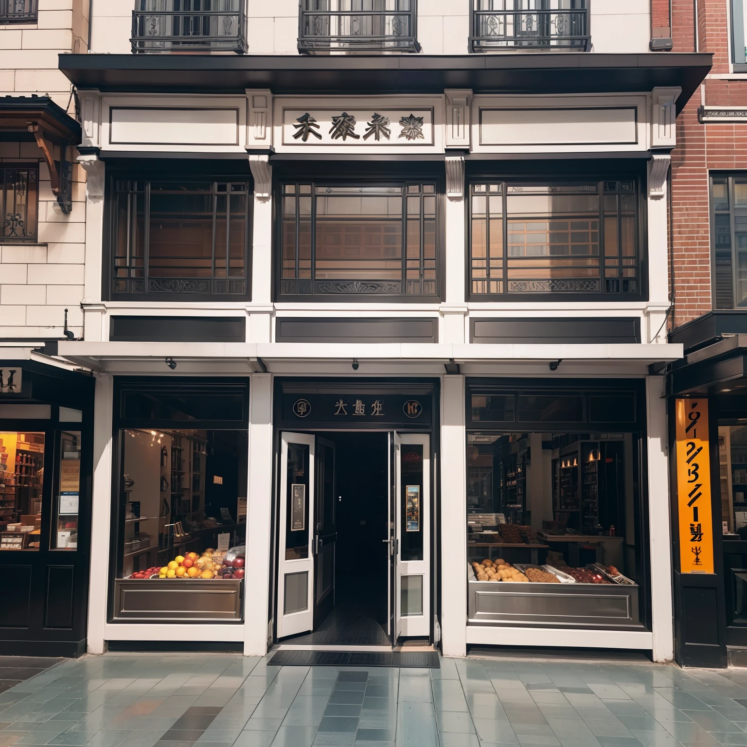 Generate a photo of a traditional storefront with an aluminum composite facade, showcasing intricate details and high contrast. The photo should be in photorealistic 8k resolution, with a sharp focus on the textures of the building materials.