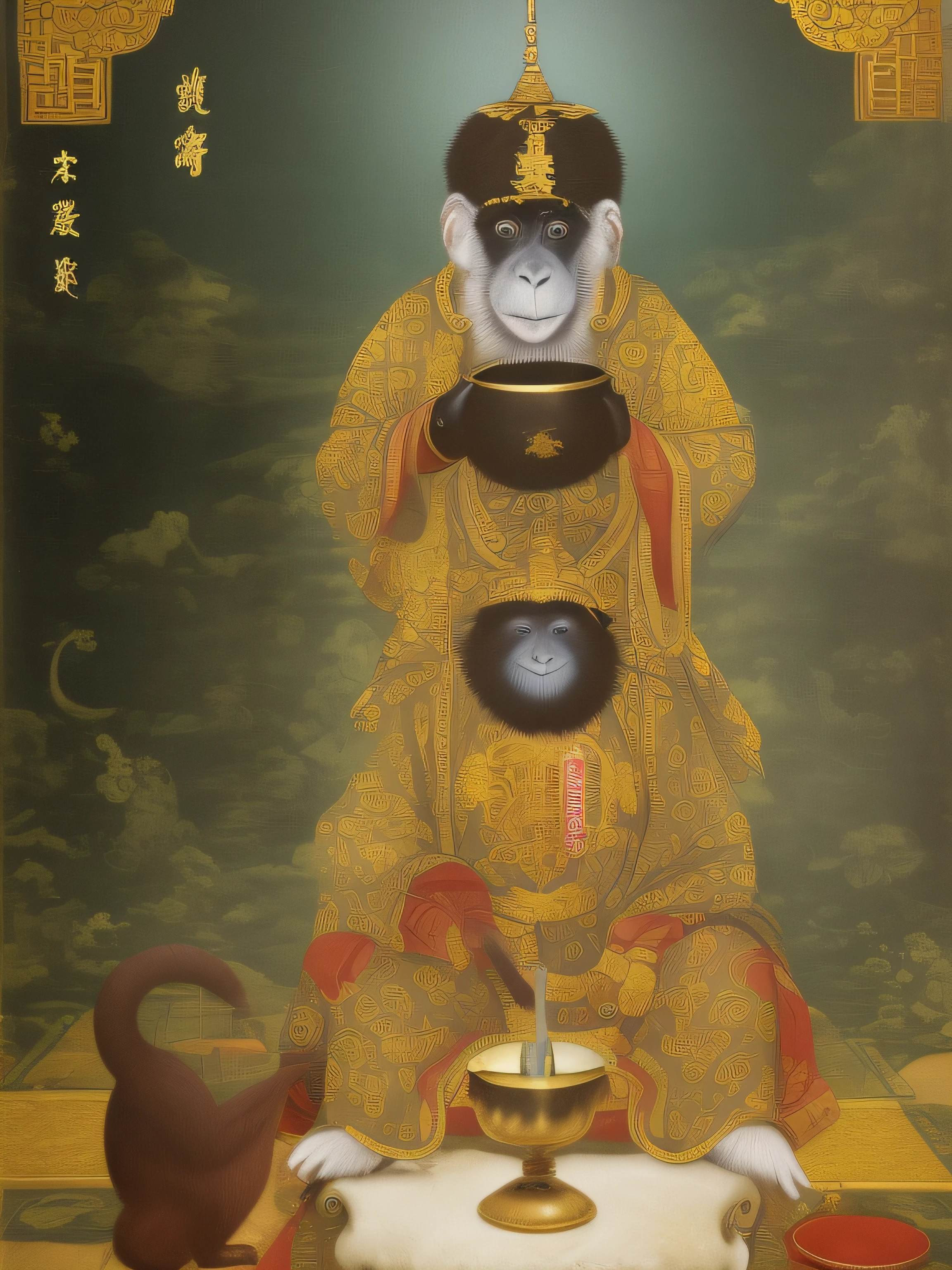 (estilo fidus:1.3),  A mystical monkey sipping sake standing in a temple, moldura ornamental, Runic inscriptions, arte, belas artes, obra-prima, premiada, trending in artstation, melhor qualidade