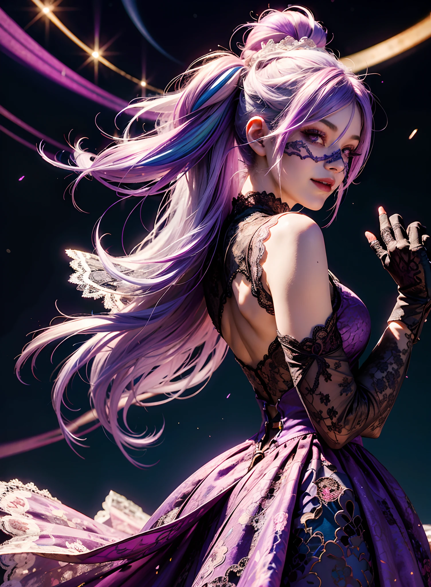 1girl, white hair with purple fade, multicolored hair, purple eyes, mask on head, sidelighting, light particles, wallpaper, (((lace gloves))), black dress, long hair, (from behind), looking at viewer, light smile, ((singing, ))