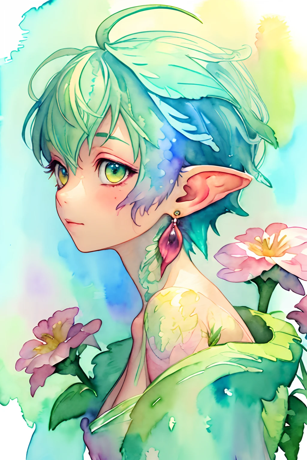 ( watercolor \(medium\), IrisCompiet:1.4),painting of a fairy with green hair hair, from side, abstract background, zentangle, fractal art, many colors, colorful, feathers, petals, flowers, earrings