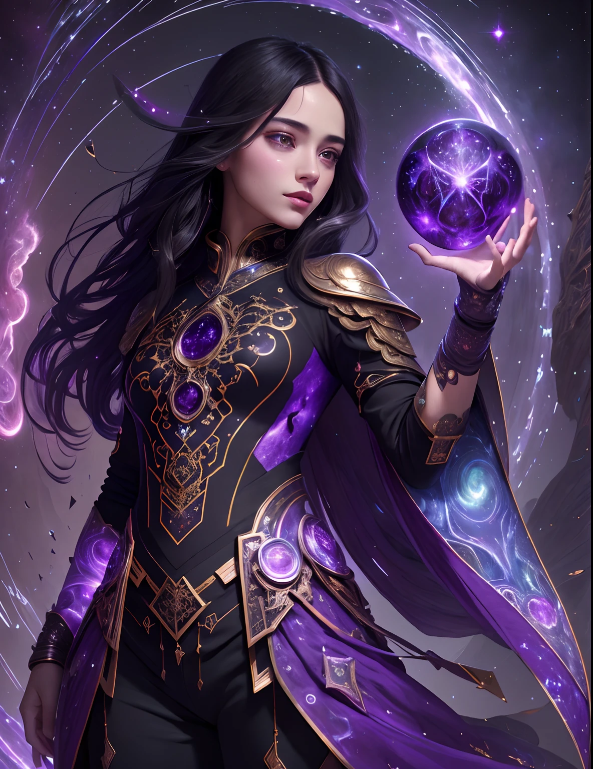 (masterpiece, top quality, best quality, official art, beautiful and aesthetic:1.2), girl, detailed face, long black hair, full body, violet blouse and pants, celestial, cosmic, extremely beautiful, high detailed, (galactic in background), luminous effects, highest detailed, floating particles, ancient runes, geometric patterns, V0id3nergy , mana, shadows, epic atmosphere