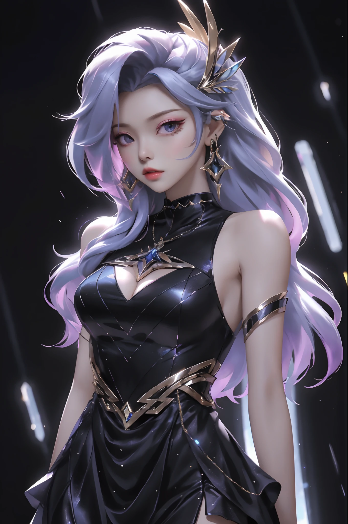 best quality, 1girl, kda, solo, long hair, black dress, looking at viewer, upper body