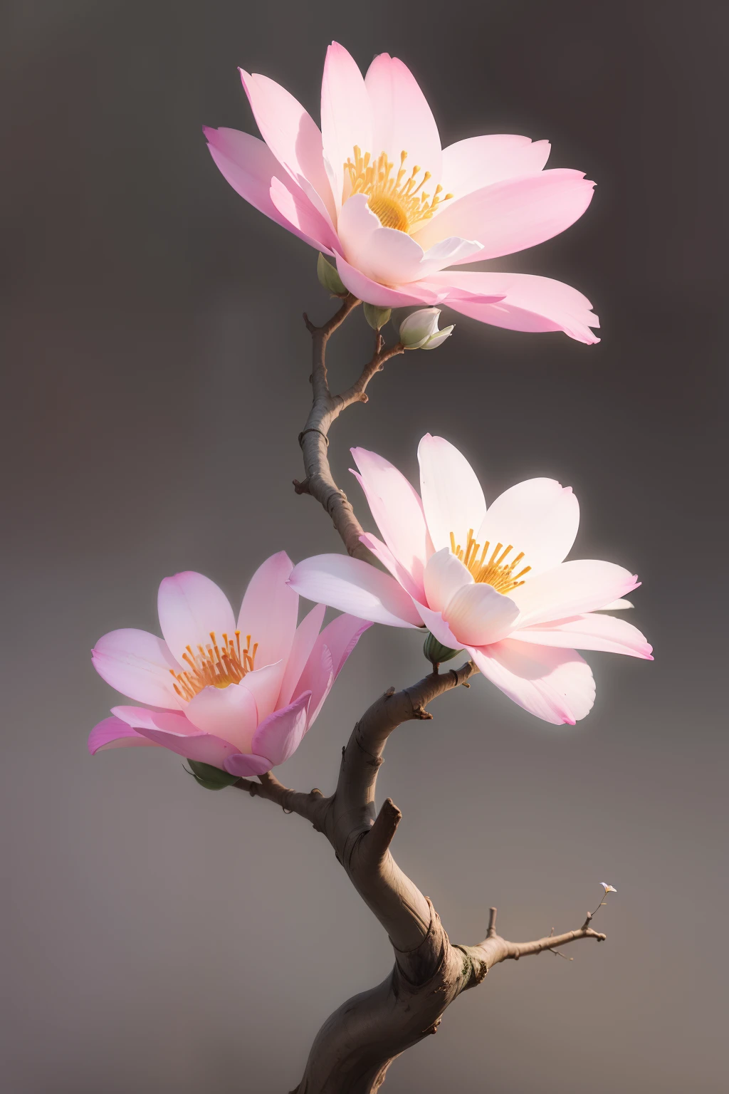 high quality flower blooming on a gnarled branch against a grey background,simple background in the style of light